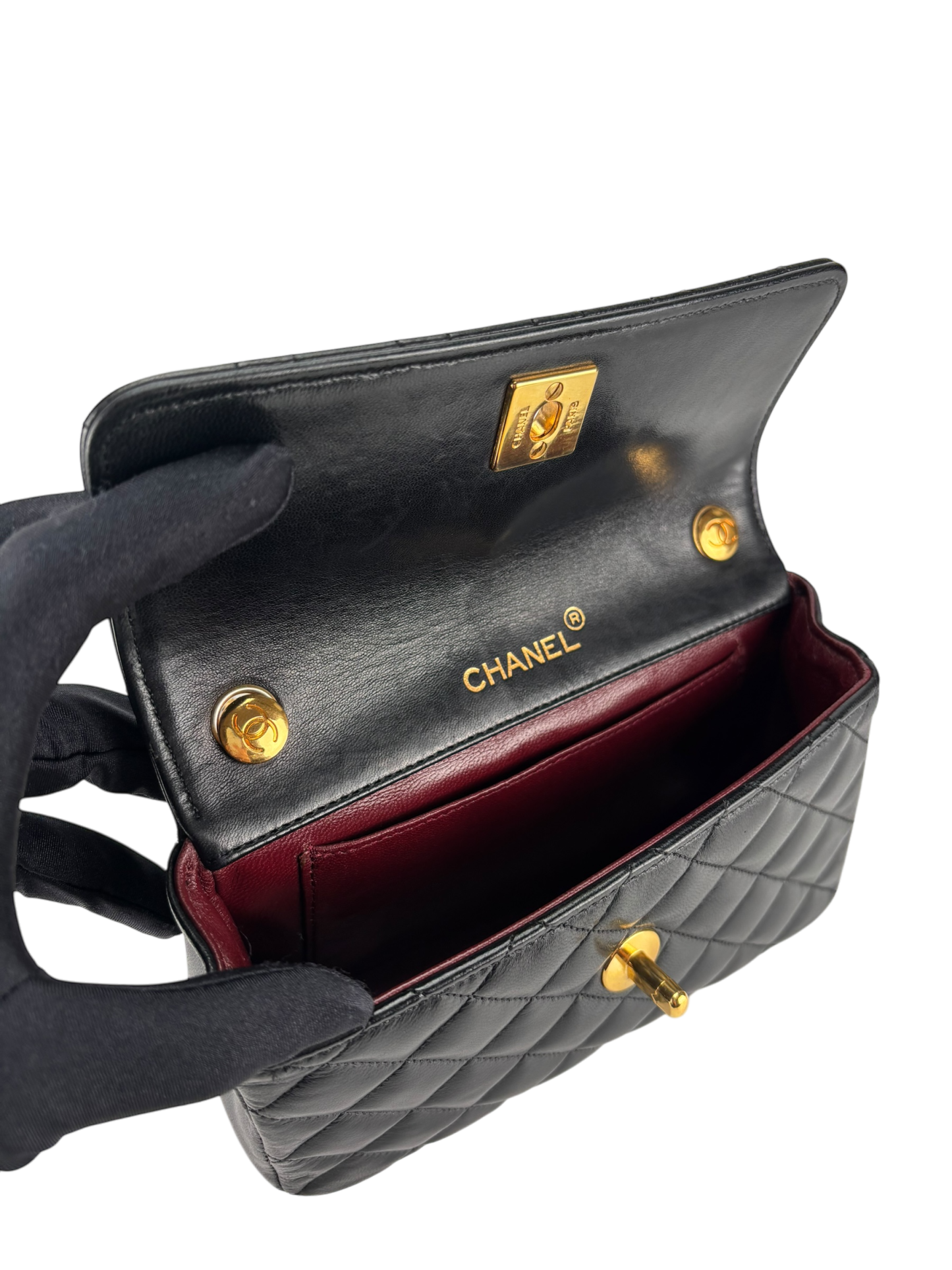 CHANEL - Black Lambskin Mini Matelasse Chain Shoulder Bag 