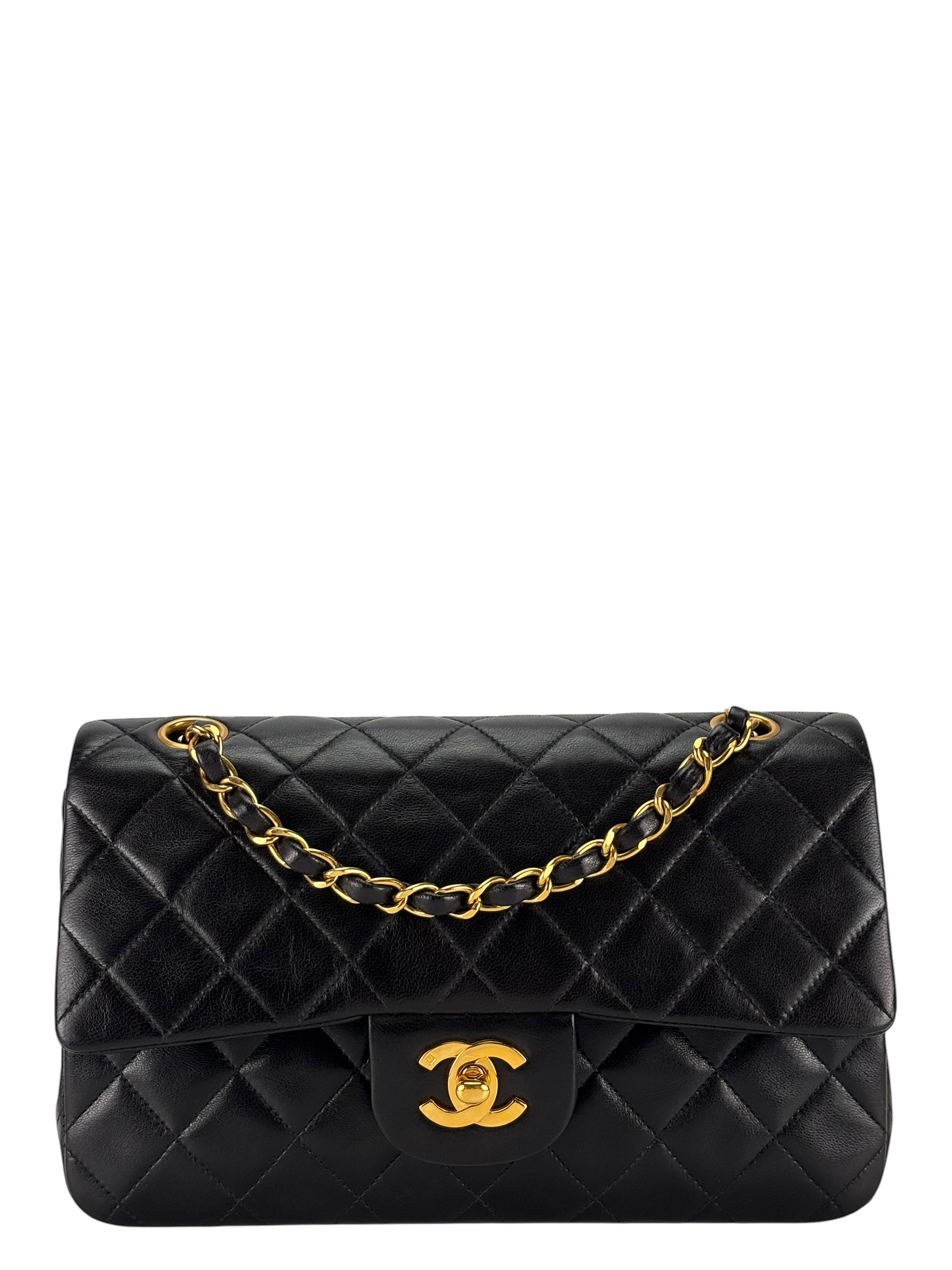 CHANEL - Small Classic Double Flap Bag Black Lambskin Gold Hardware (CF23)