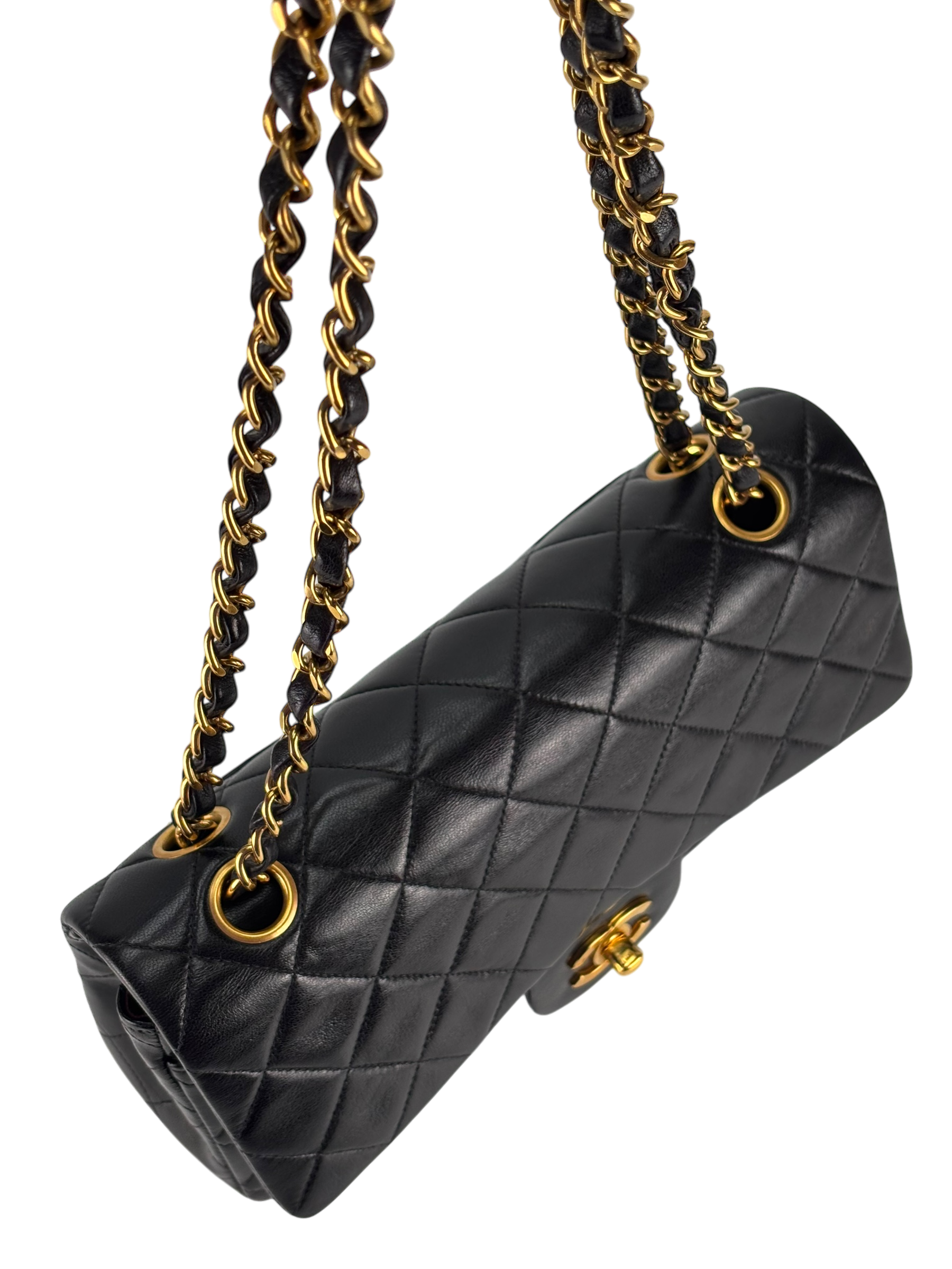 CHANEL - Small Classic Double Flap Bag Black Lambskin Gold Hardware (CF23)