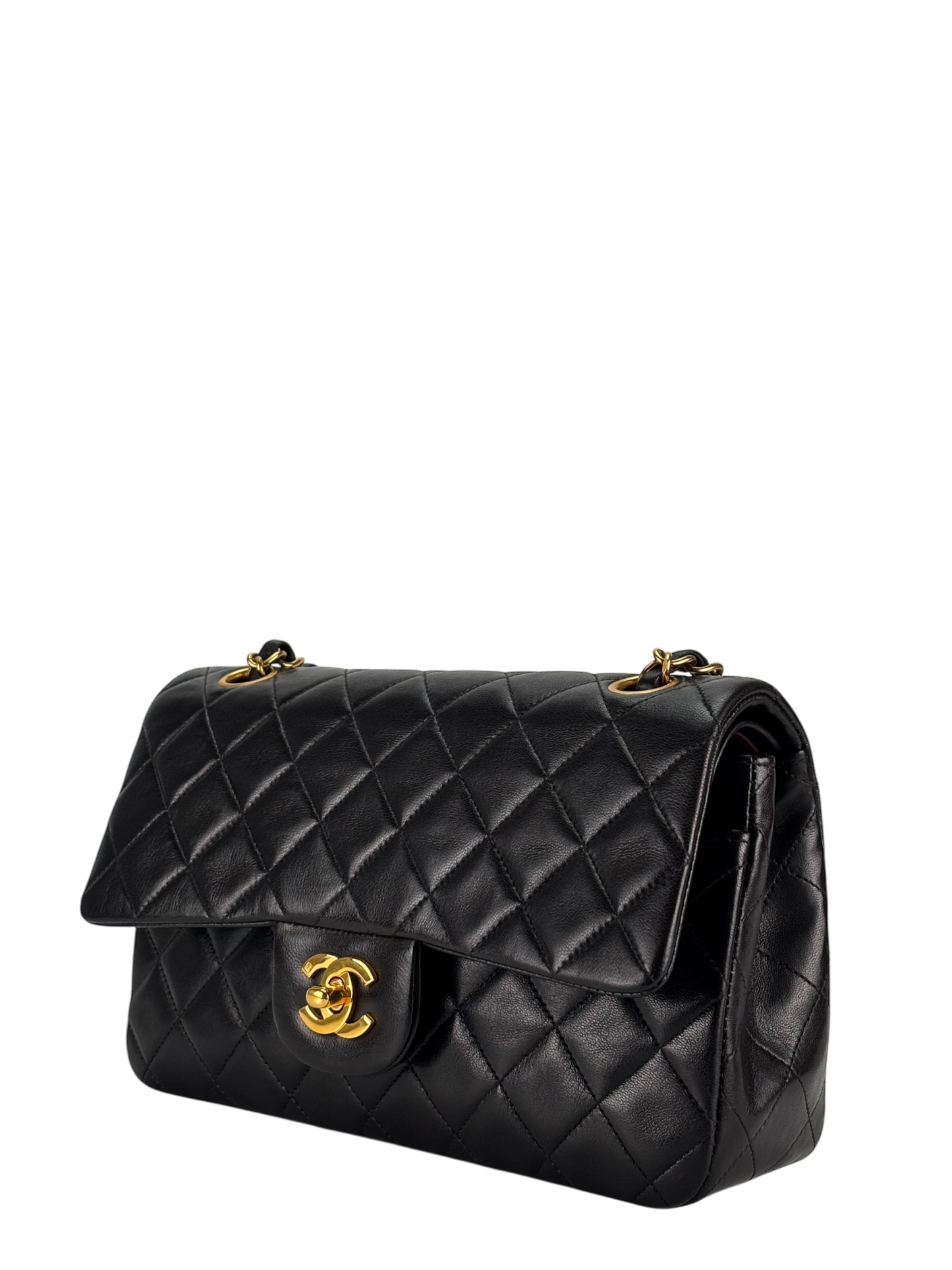 CHANEL - Small Classic Double Flap Bag Black Lambskin Gold Hardware (CF23)
