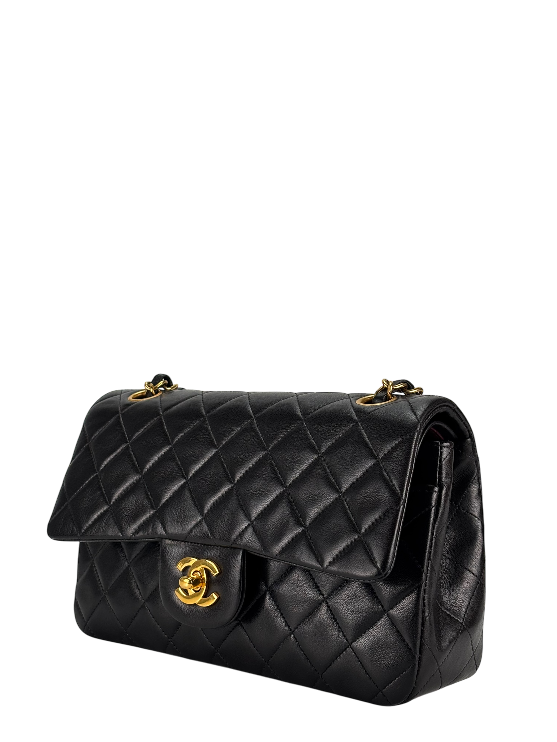 CHANEL - Small Classic Double Flap Bag Black Lambskin Gold Hardware (CF23)