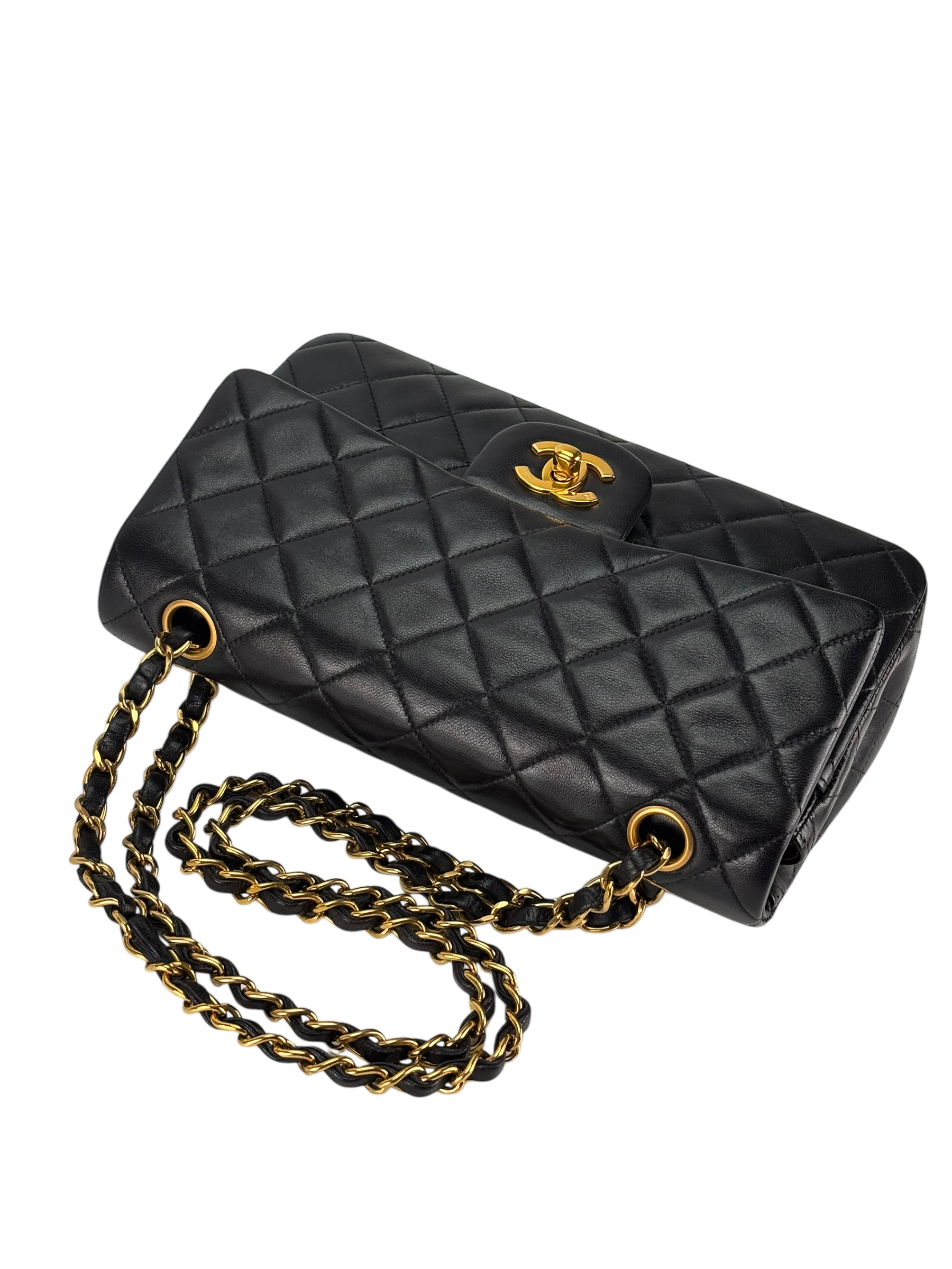 CHANEL - Small Classic Double Flap Bag Black Lambskin Gold Hardware (CF23)