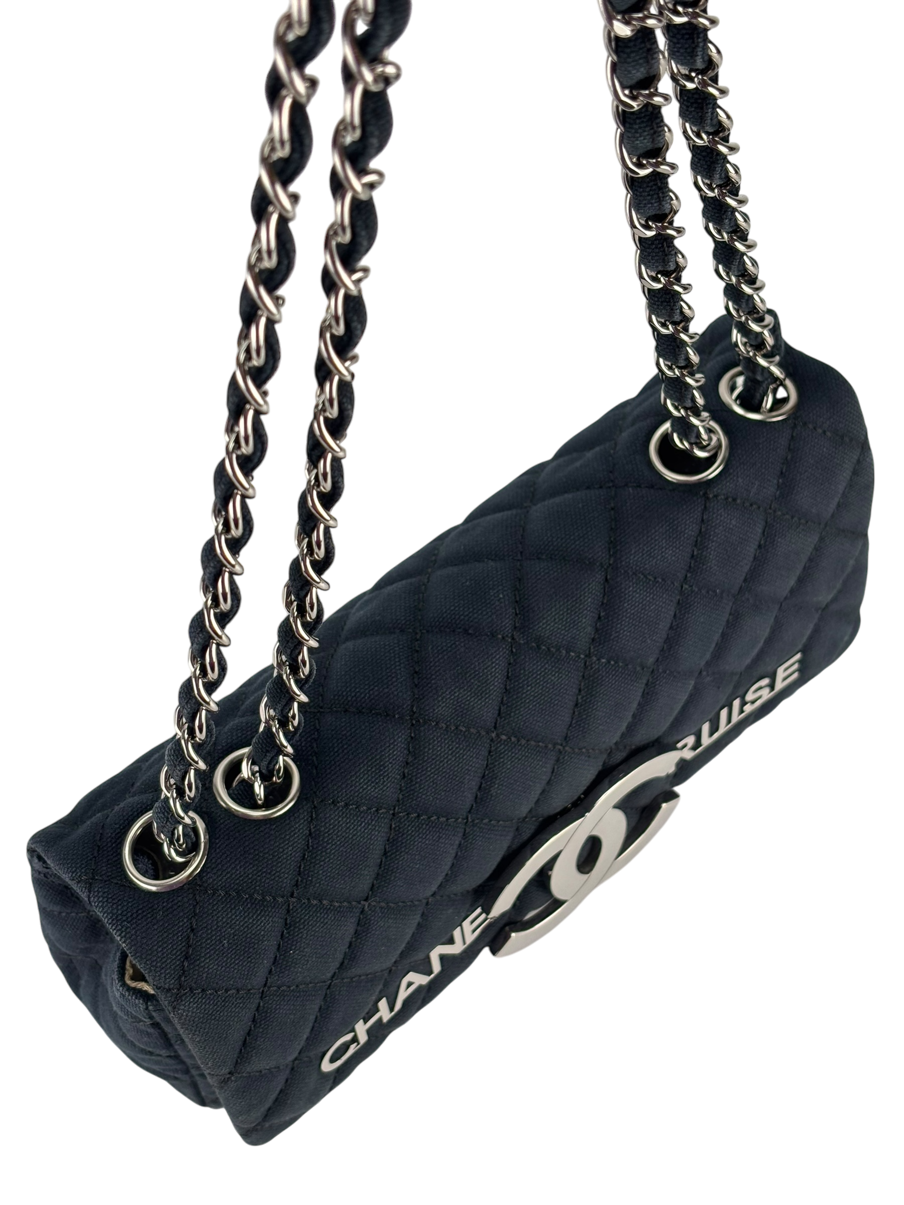 CHANEL - Navy Quilted Fabric CC Cruise Chain Flap Bag