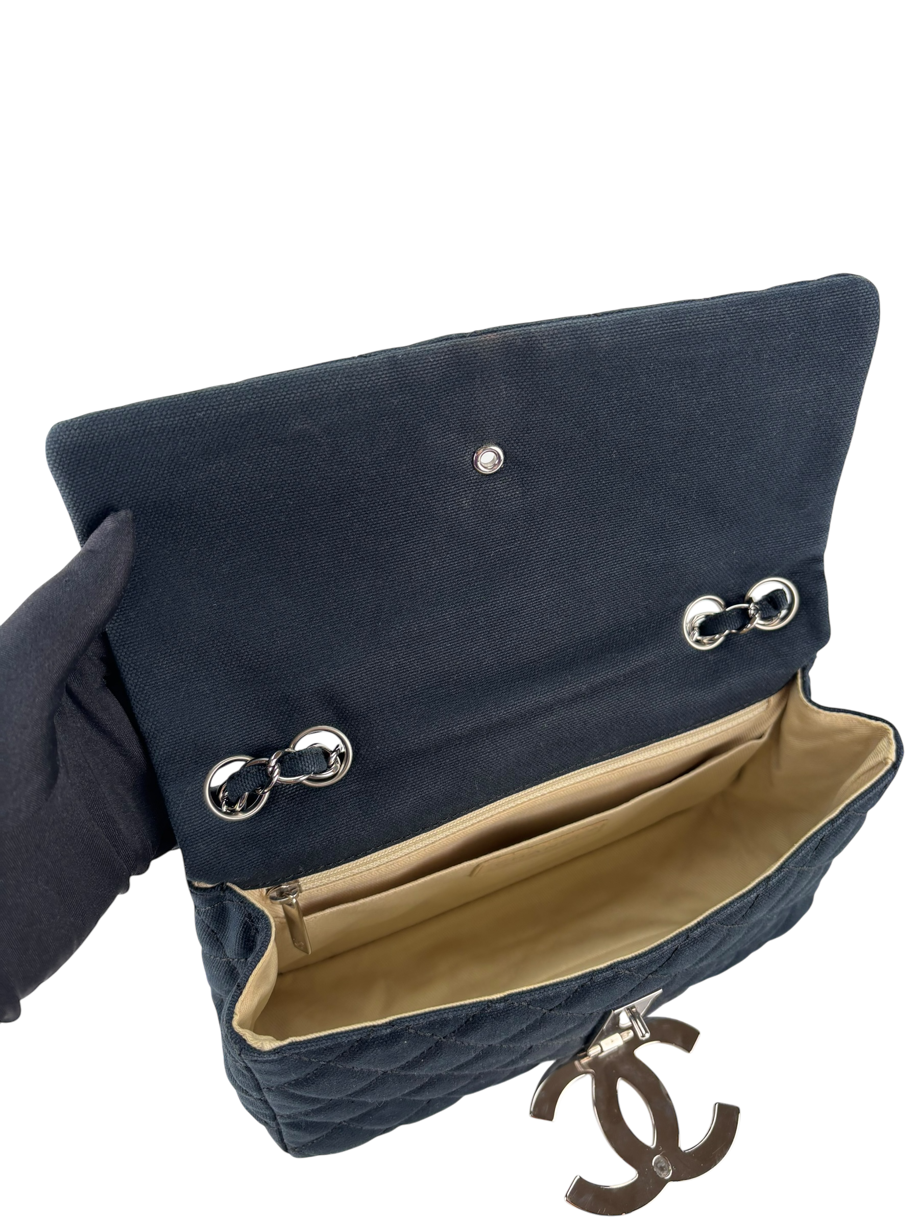 CHANEL - Navy Quilted Fabric CC Cruise Chain Flap Bag