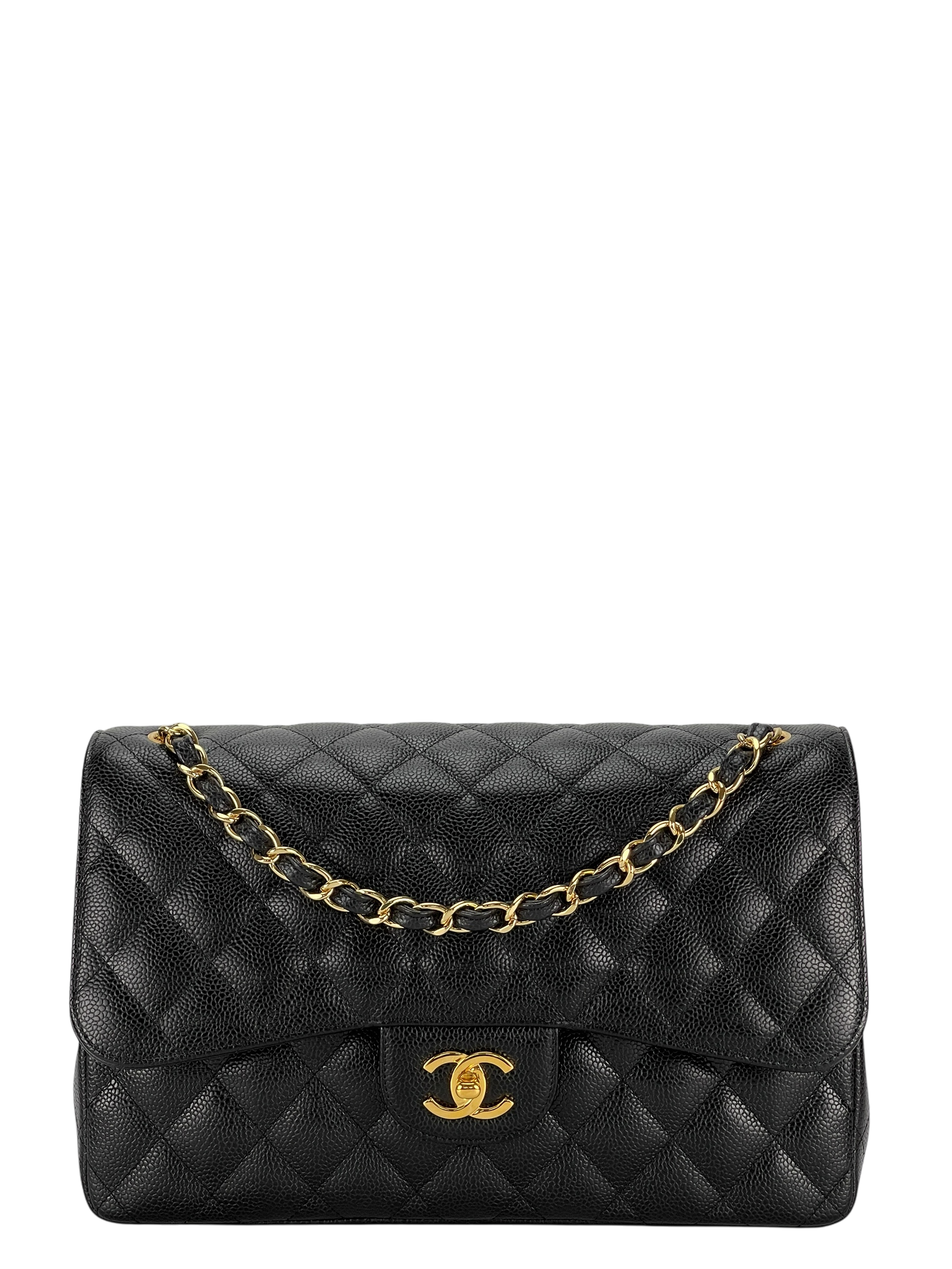 CHANEL - Maxi Black Caviar Classic Double Flap Chain Shoulder Bag