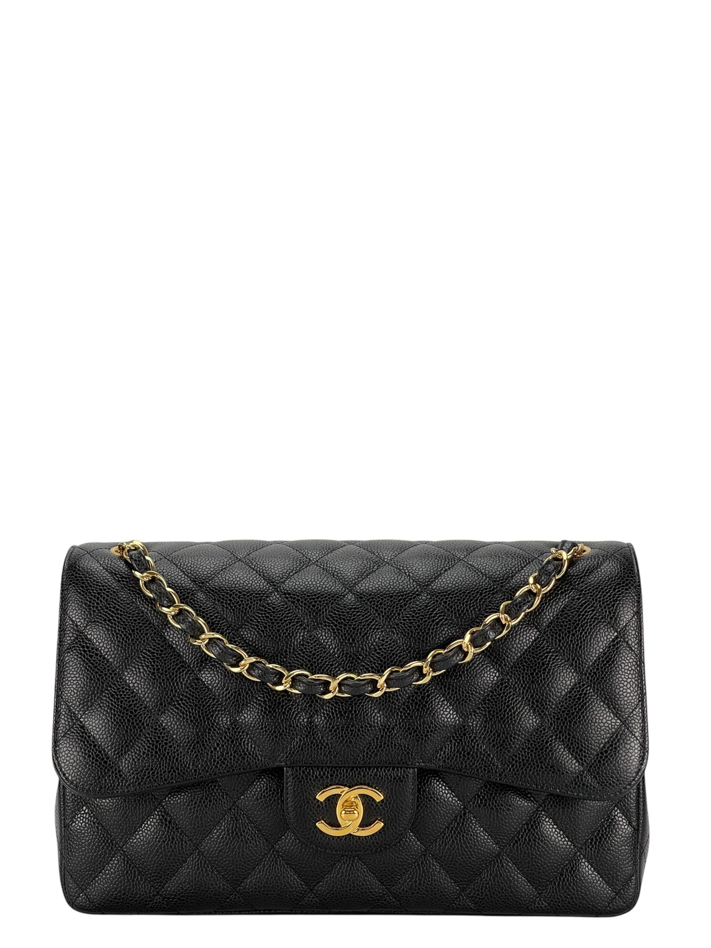 CHANEL - Maxi Black Caviar Classic Double Flap Chain Shoulder Bag