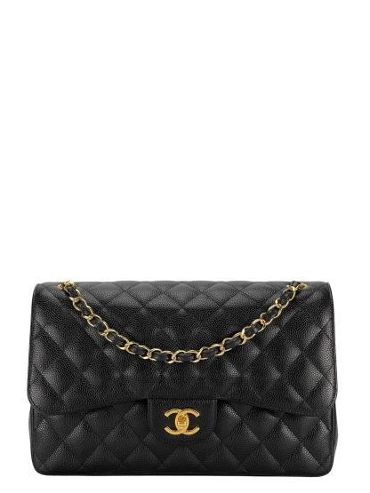 CHANEL - Maxi Black Caviar Classic Double Flap Chain Shoulder Bag