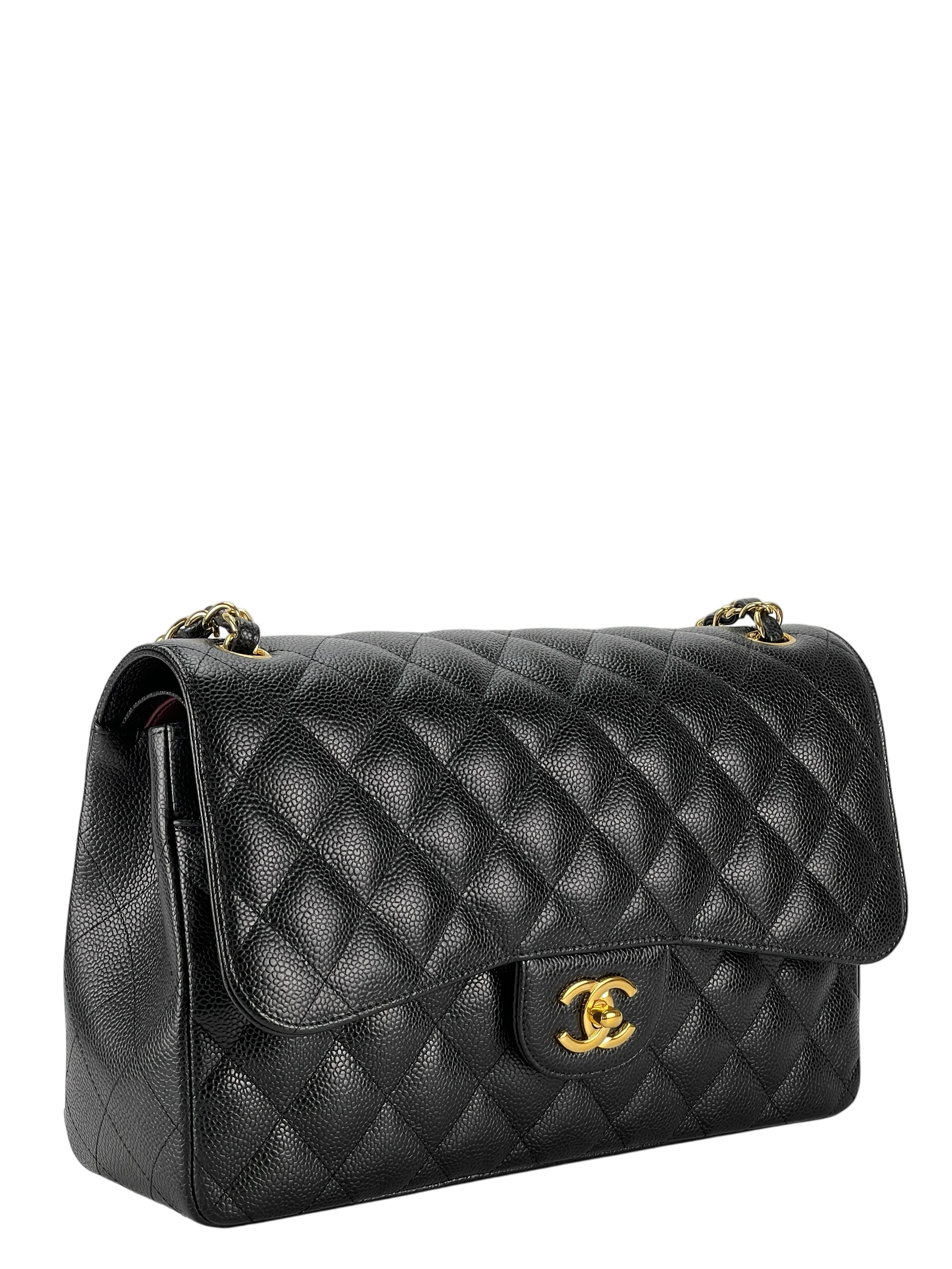 CHANEL - Maxi Black Caviar Classic Double Flap Chain Shoulder Bag