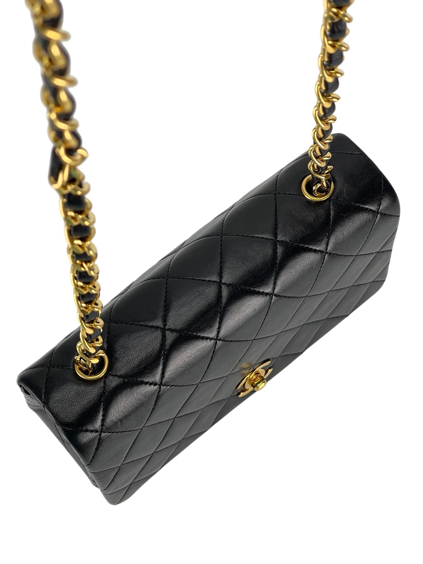  CHANEL - Mini Matelasse Lambskin Single Flap Single Chain Bag Black Gold Hardware 
