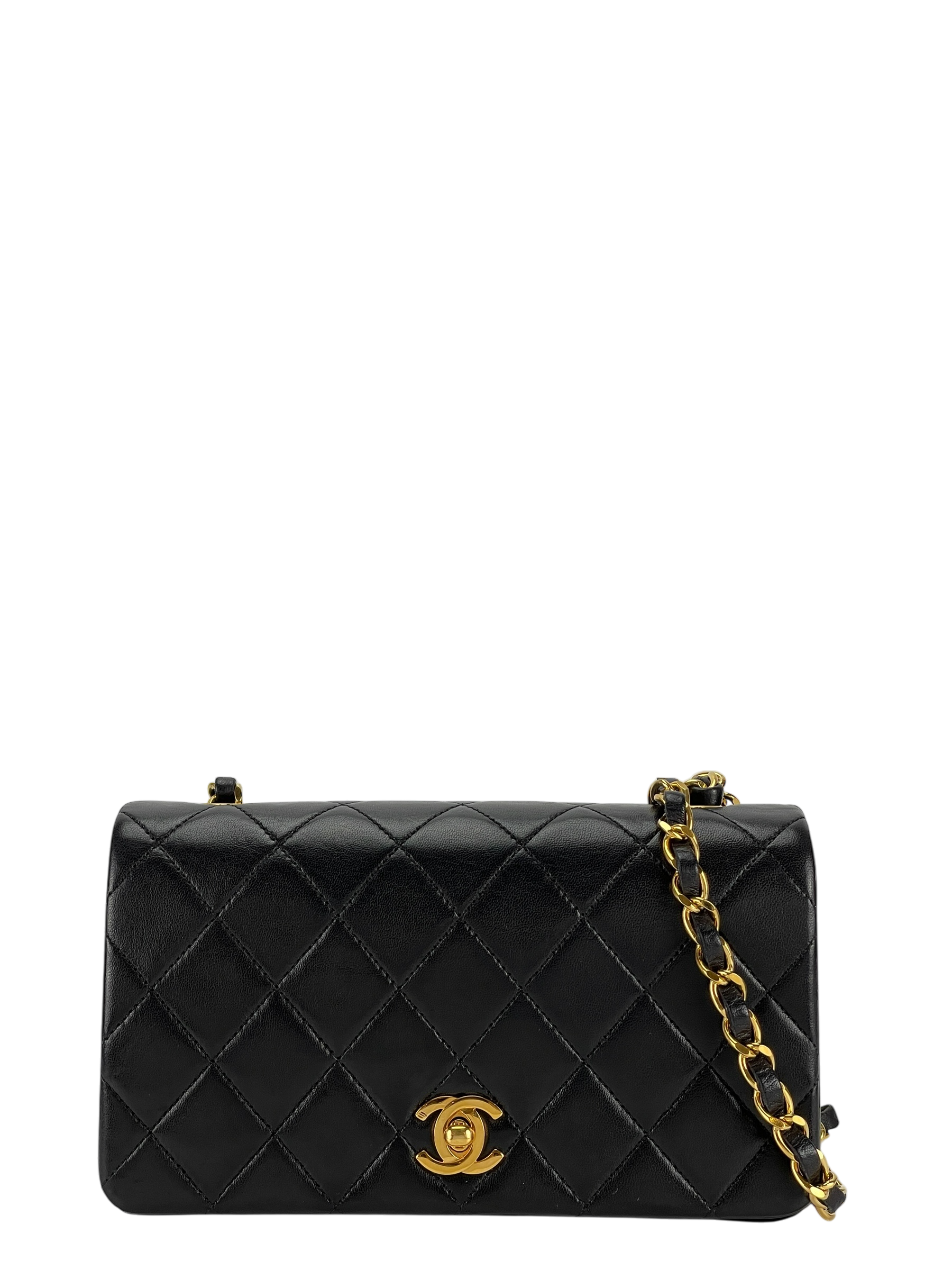  CHANEL - Mini Matelasse Lambskin Single Flap Single Chain Bag Black Gold Hardware 