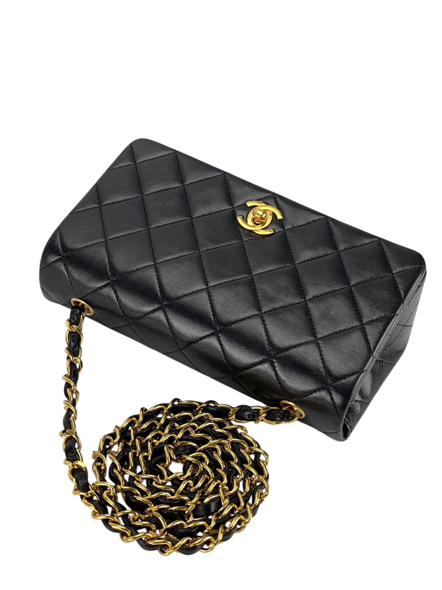  CHANEL - Mini Matelasse Lambskin Single Flap Single Chain Bag Black Gold Hardware 