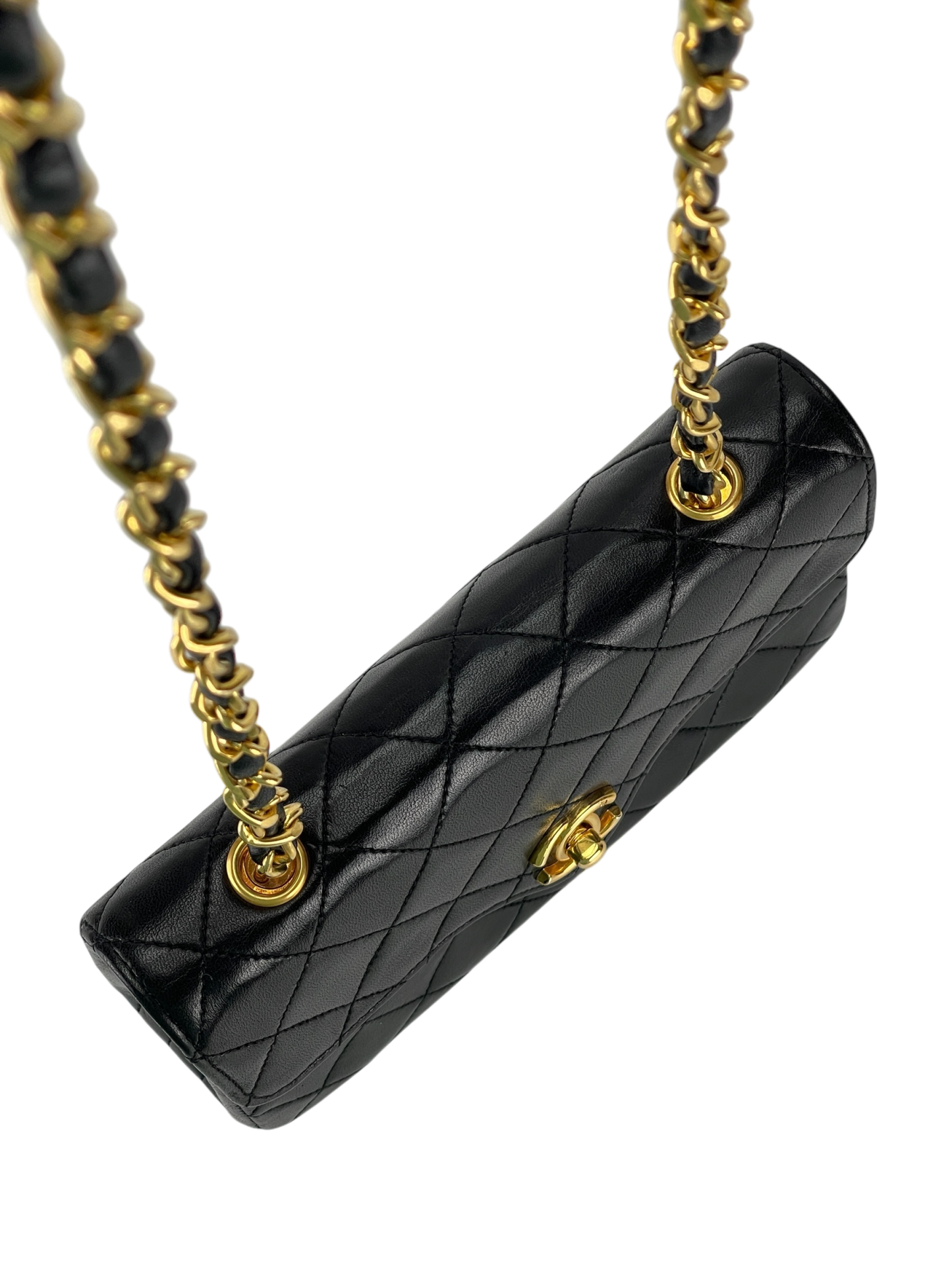 CHANEL - Mini Matelasse Lambskin Single Flap Single Chain Bag Black Gold Hardware