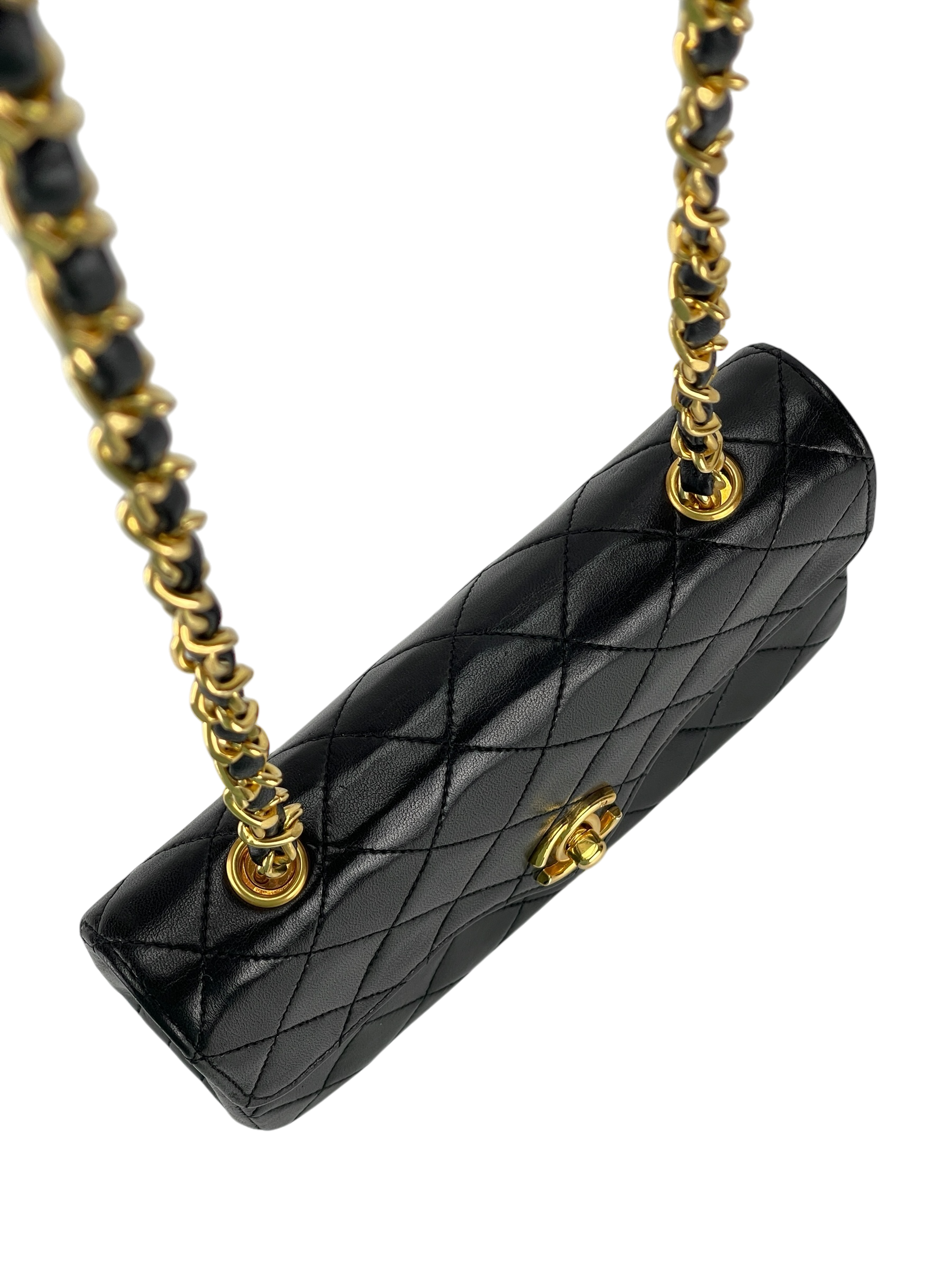 CHANEL - Mini Matelasse Lambskin Single Flap Single Chain Bag Black Gold Hardware