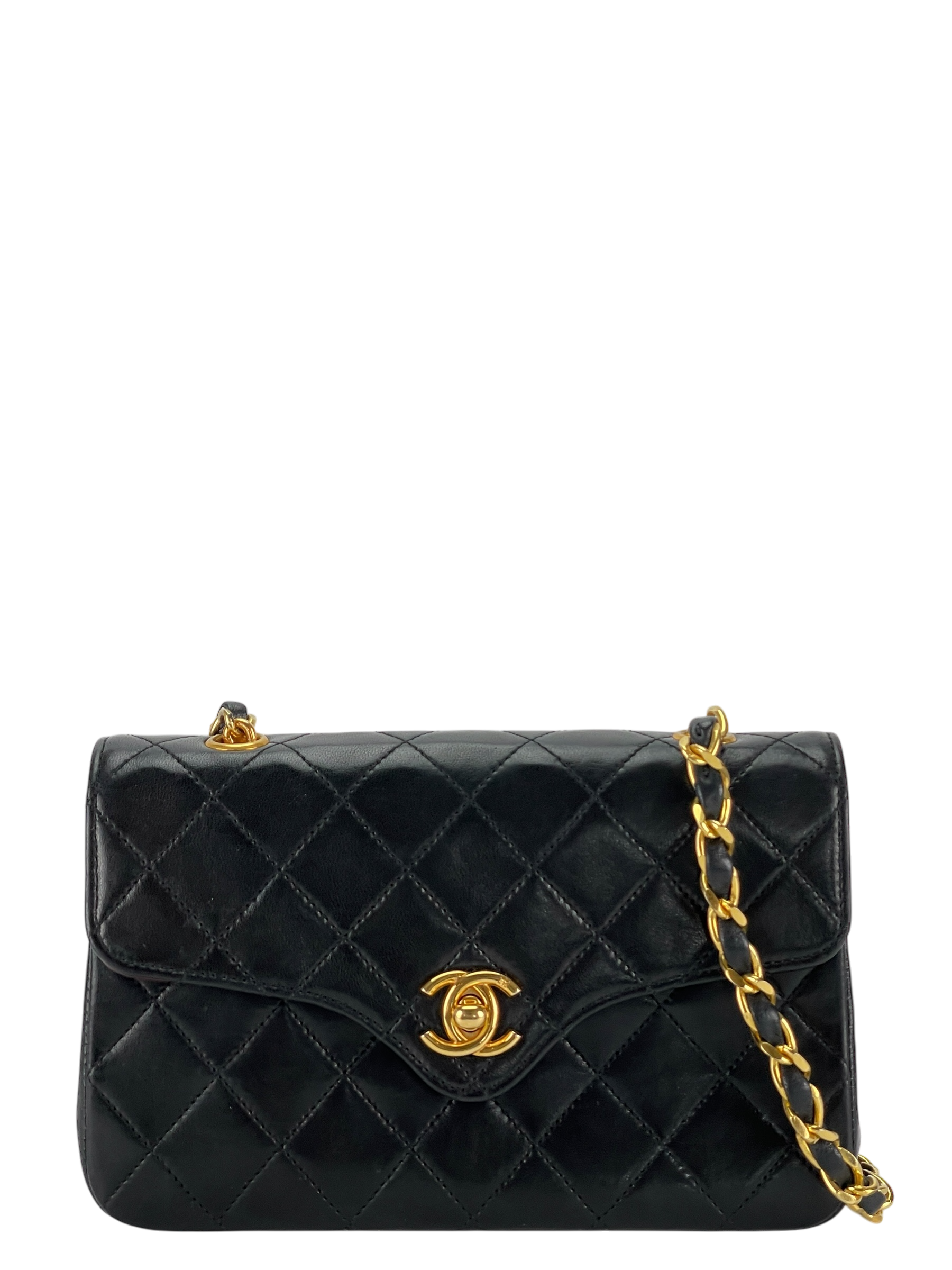 CHANEL - Mini Matelasse Lambskin Single Flap Single Chain Bag Black Gold Hardware