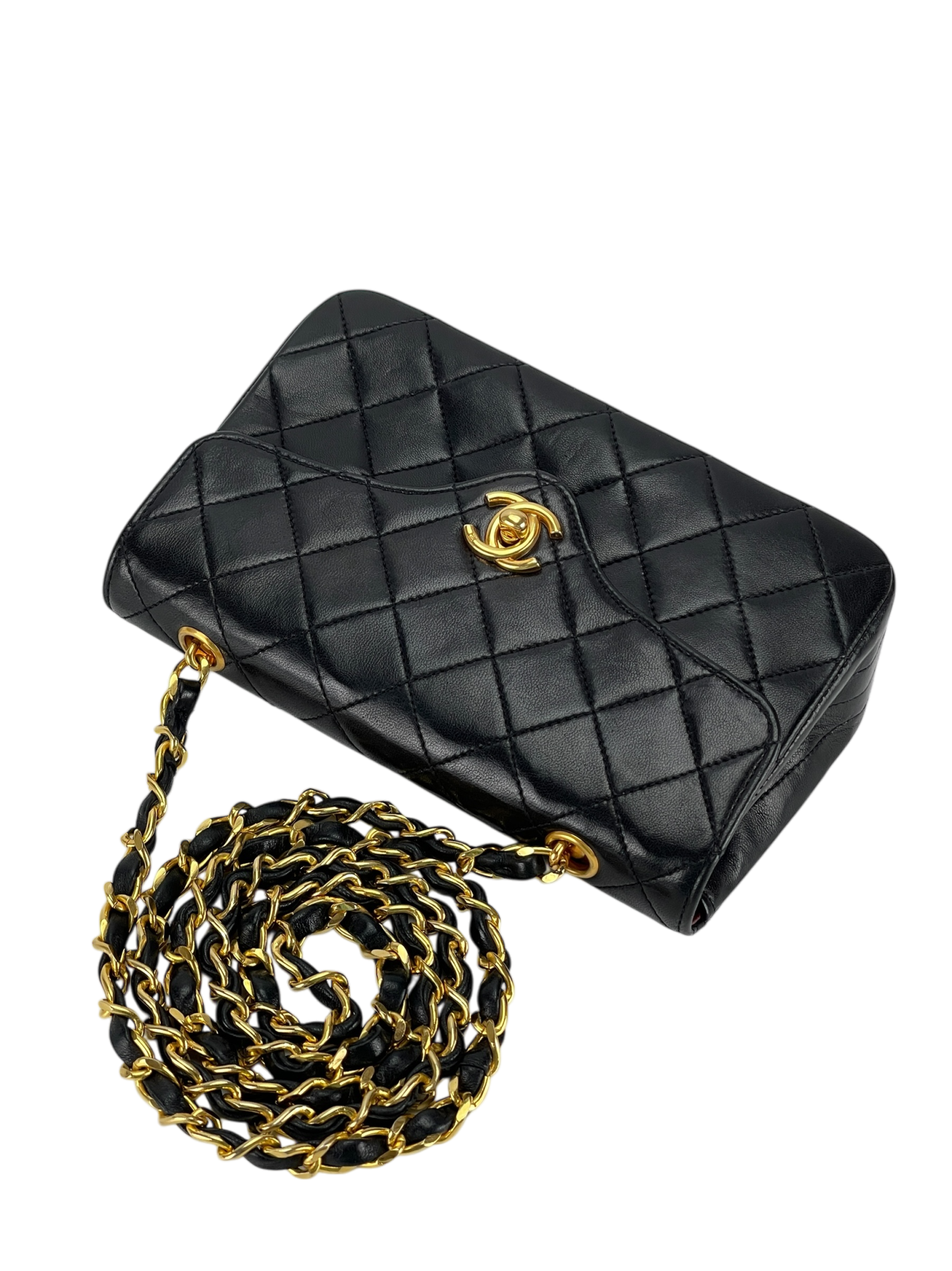 CHANEL - Mini Matelasse Lambskin Single Flap Single Chain Bag Black Gold Hardware
