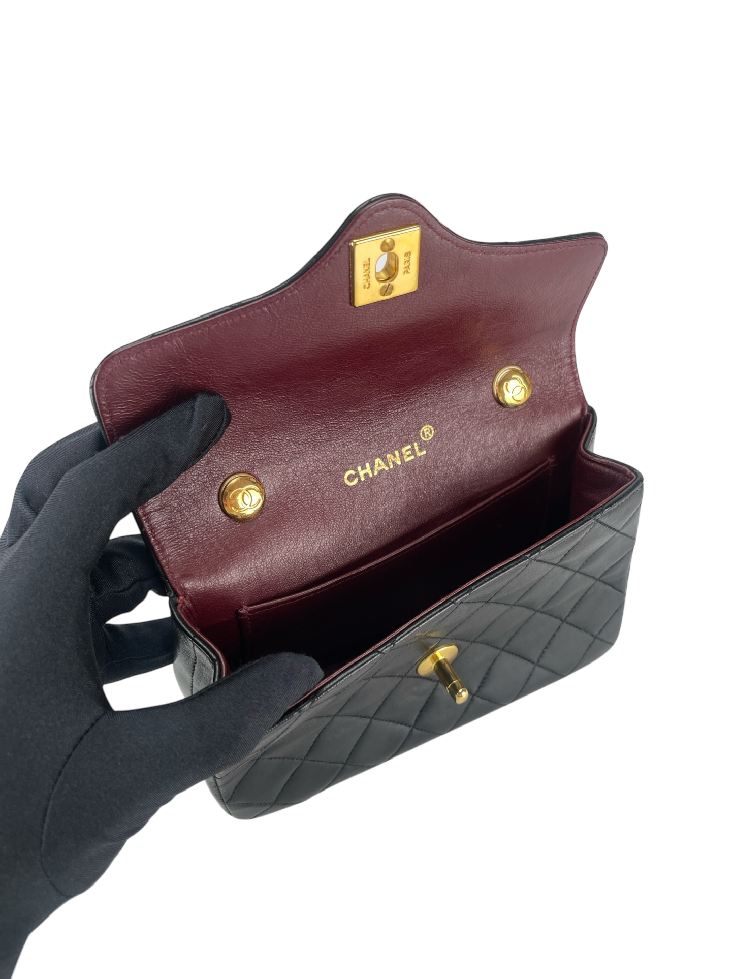 CHANEL - Mini Matelasse Lambskin Single Flap Single Chain Bag Black Gold Hardware