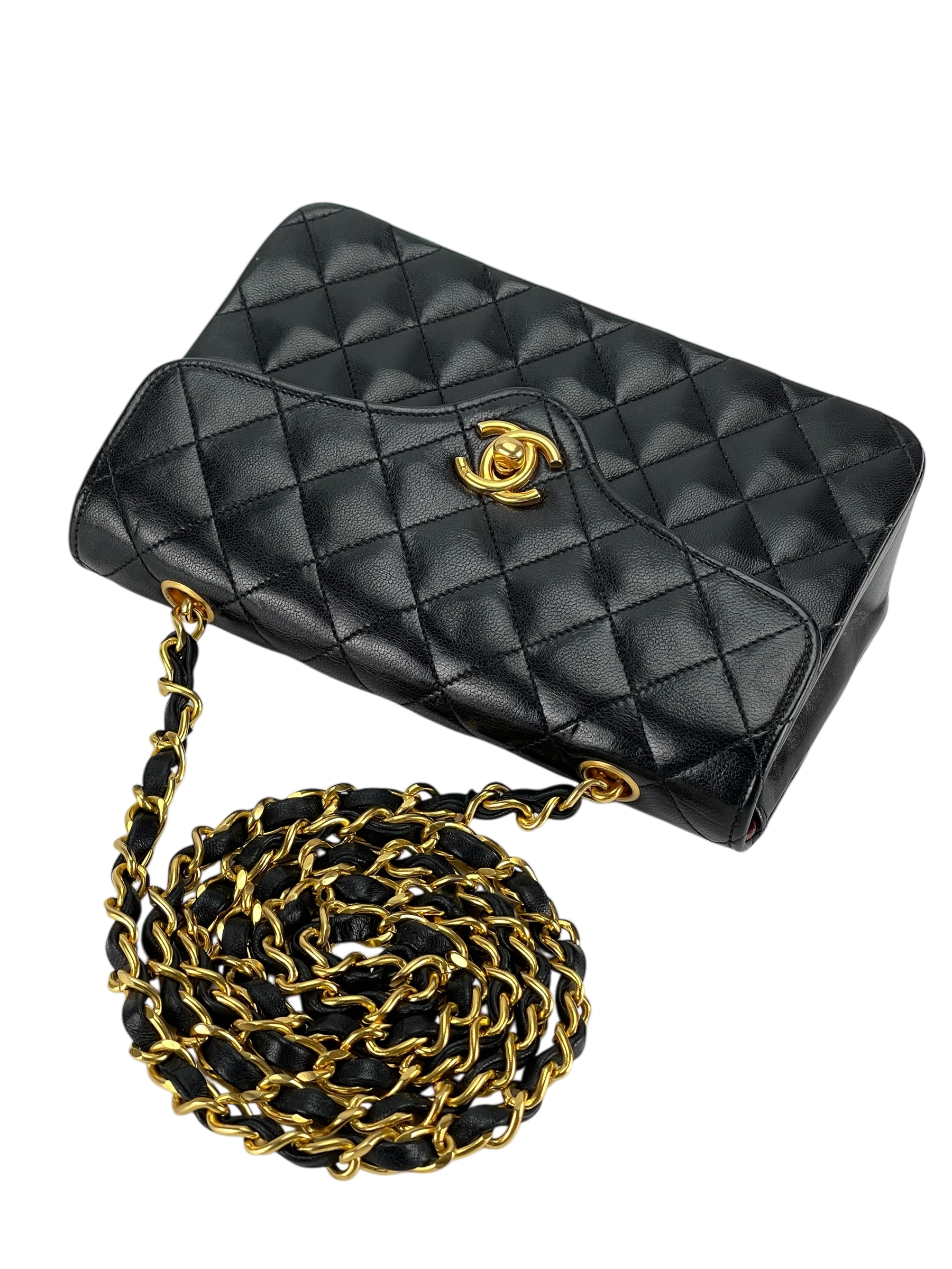 CHANEL - Mini Matelasse Lambskin Single Flap Single Chain Bag Black Gold Hardware