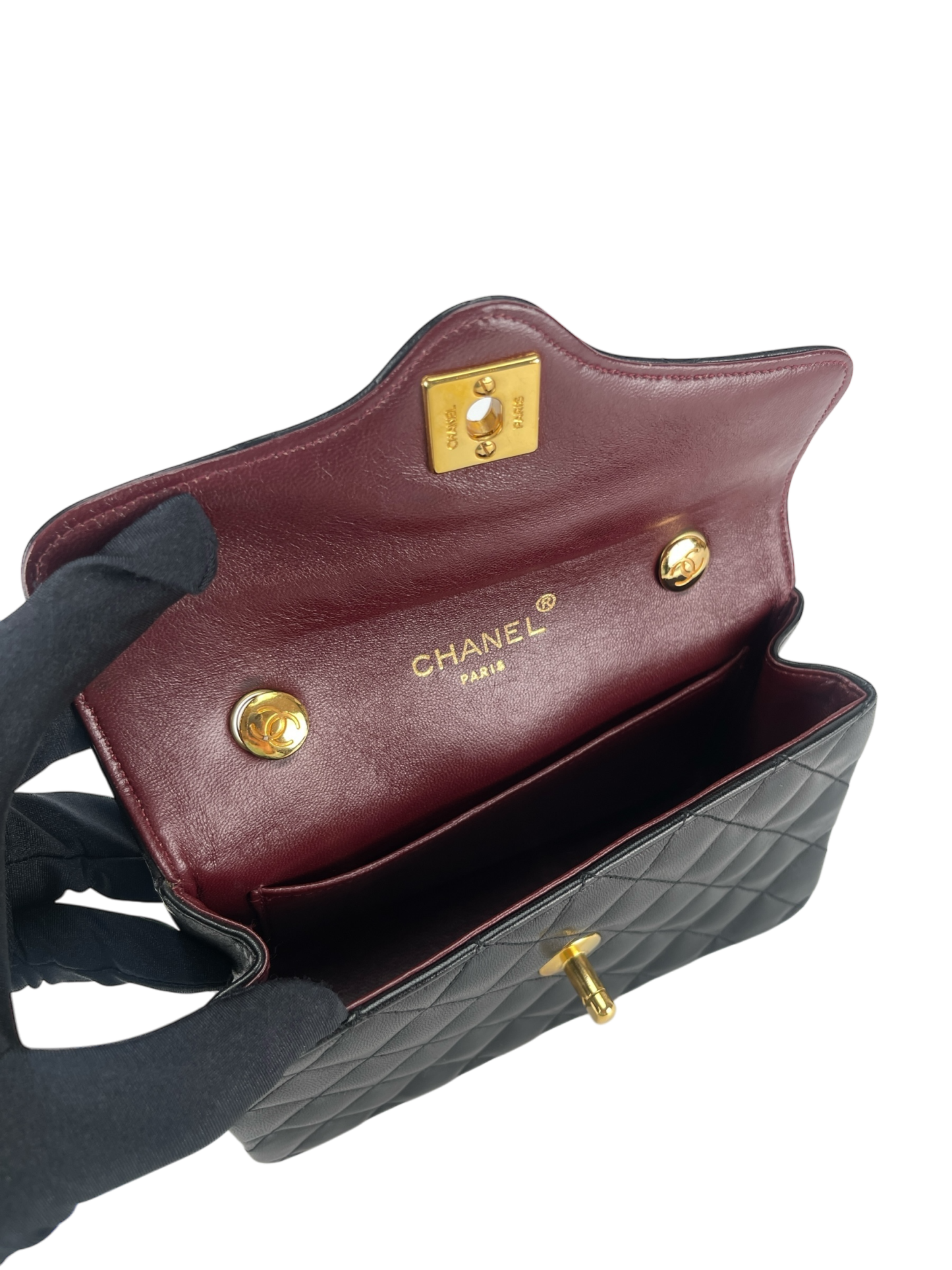 CHANEL - Mini Matelasse Lambskin Single Flap Single Chain Bag Black Gold Hardware