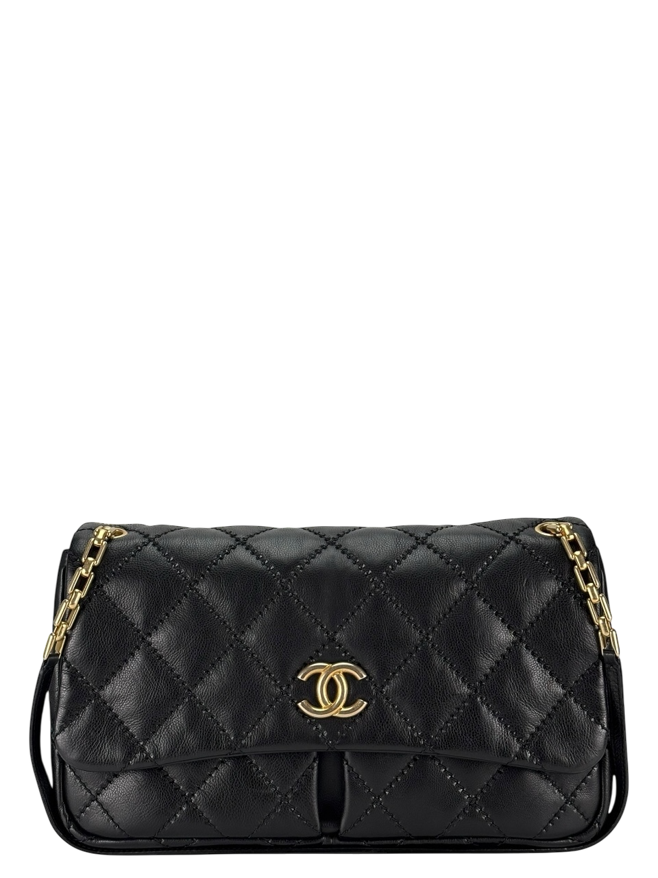 CHANEL - Black Lambskin Matelasse Chain Shoulder Bag 