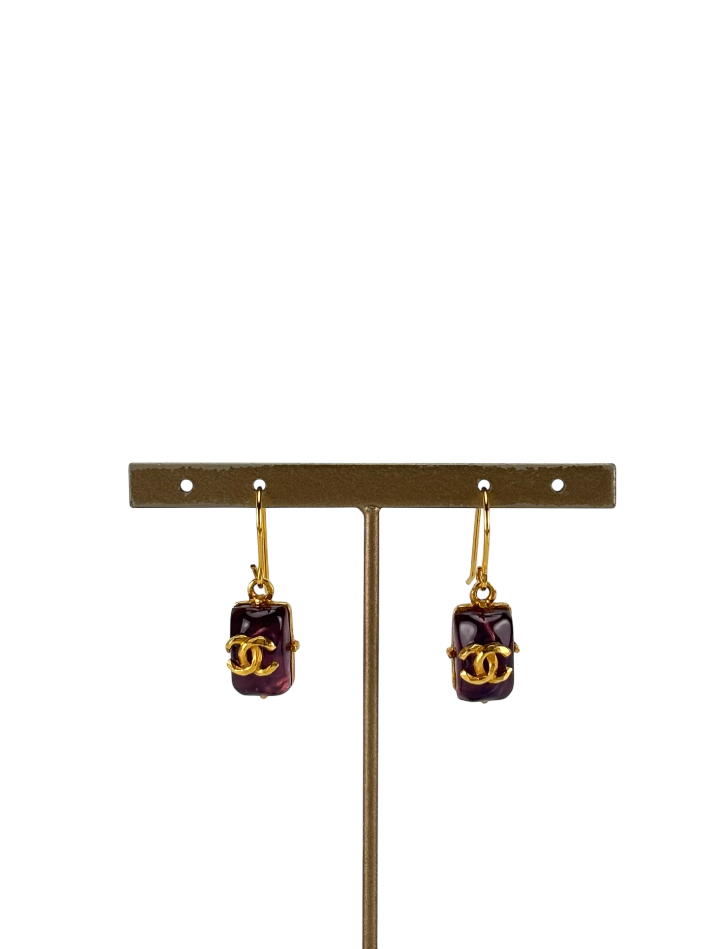 CHANEL - 99 P Purple Coco Mark Gold Tone Hook Earrings