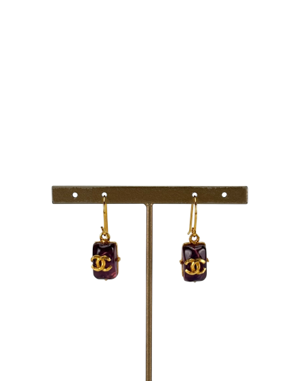 CHANEL - 99 P Purple Coco Mark Gold Tone Hook Earrings