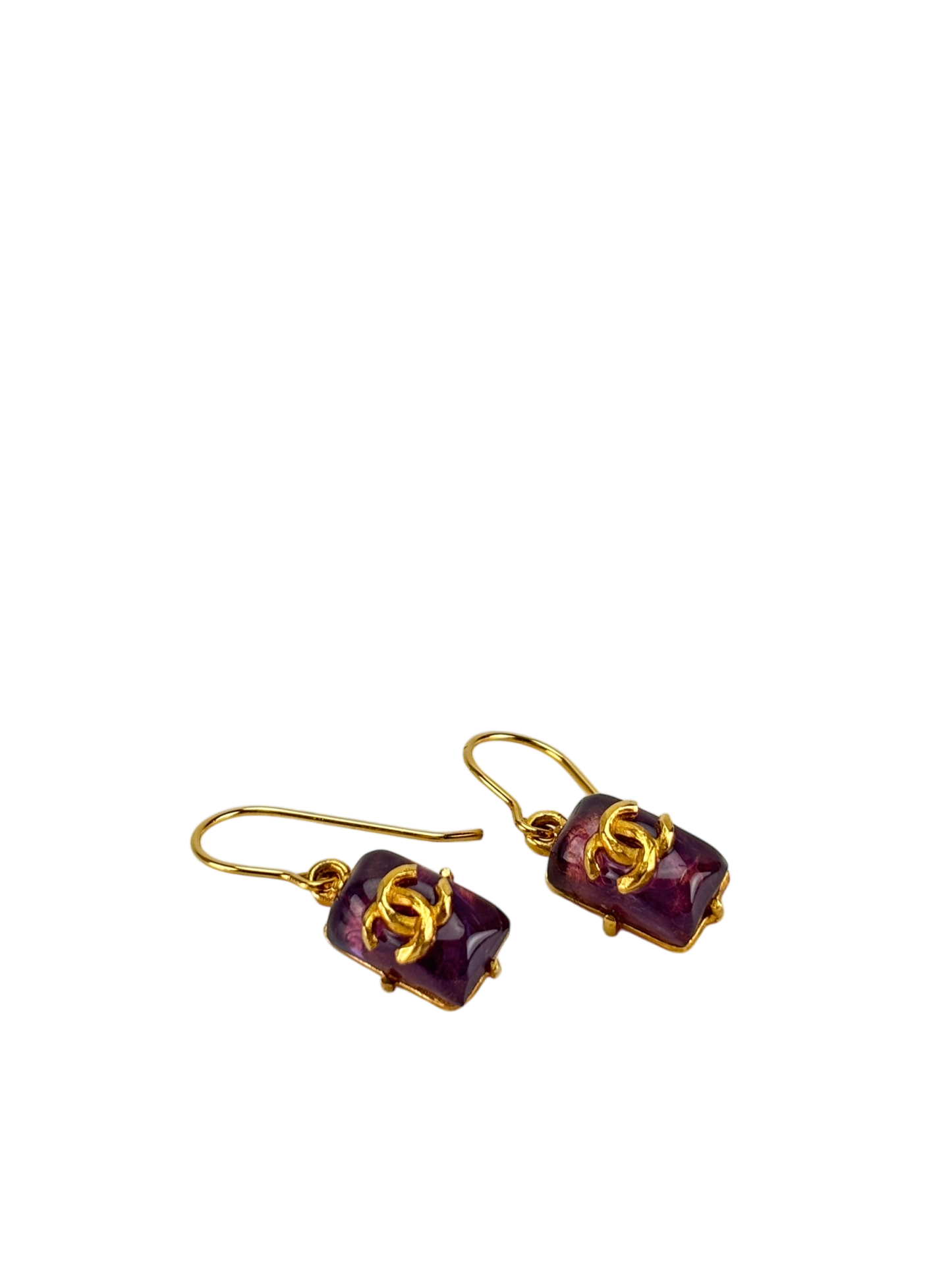 CHANEL - 99 P Purple Coco Mark Gold Tone Hook Earrings
