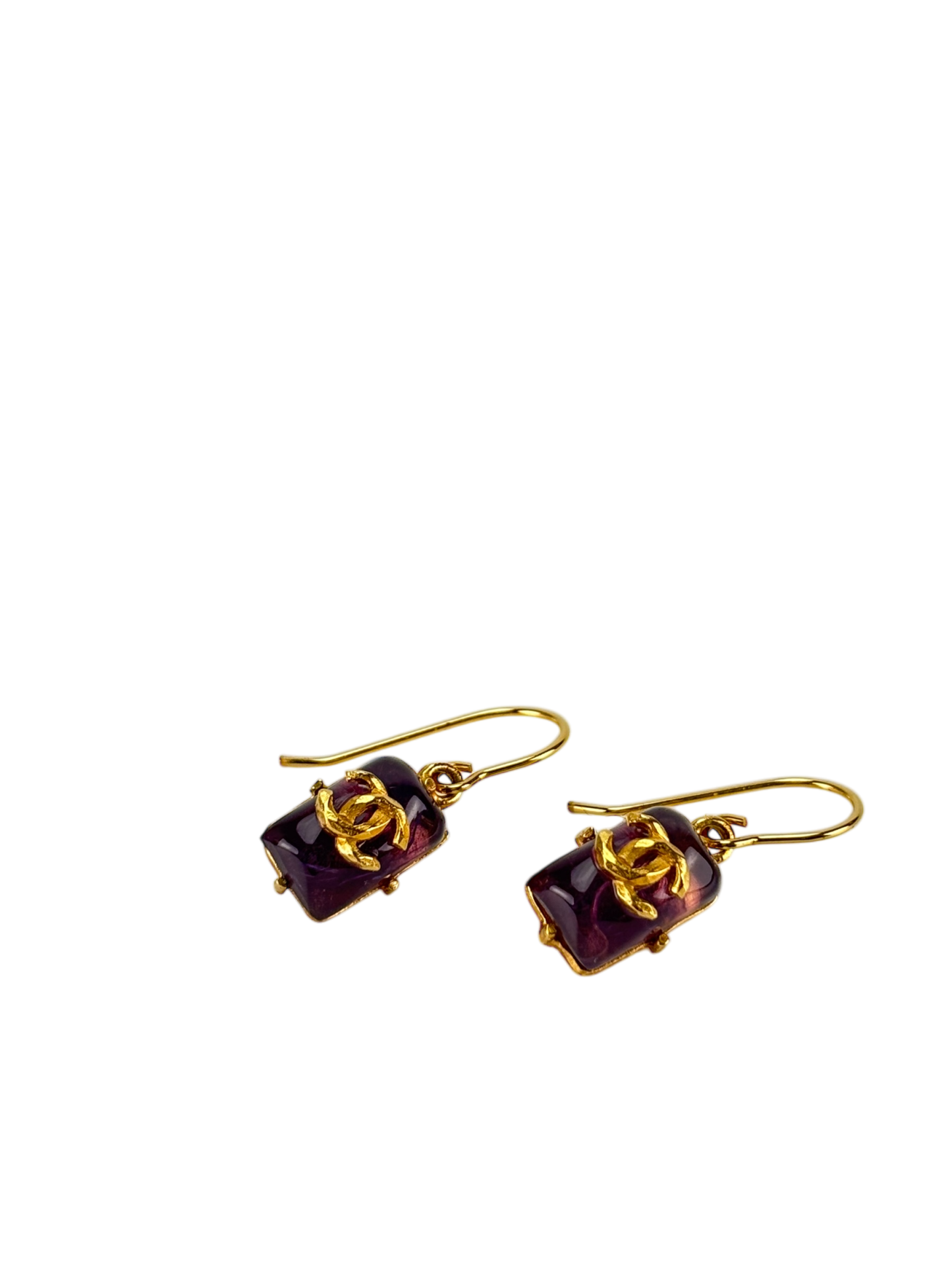 CHANEL - 99 P Purple Coco Mark Gold Tone Hook Earrings