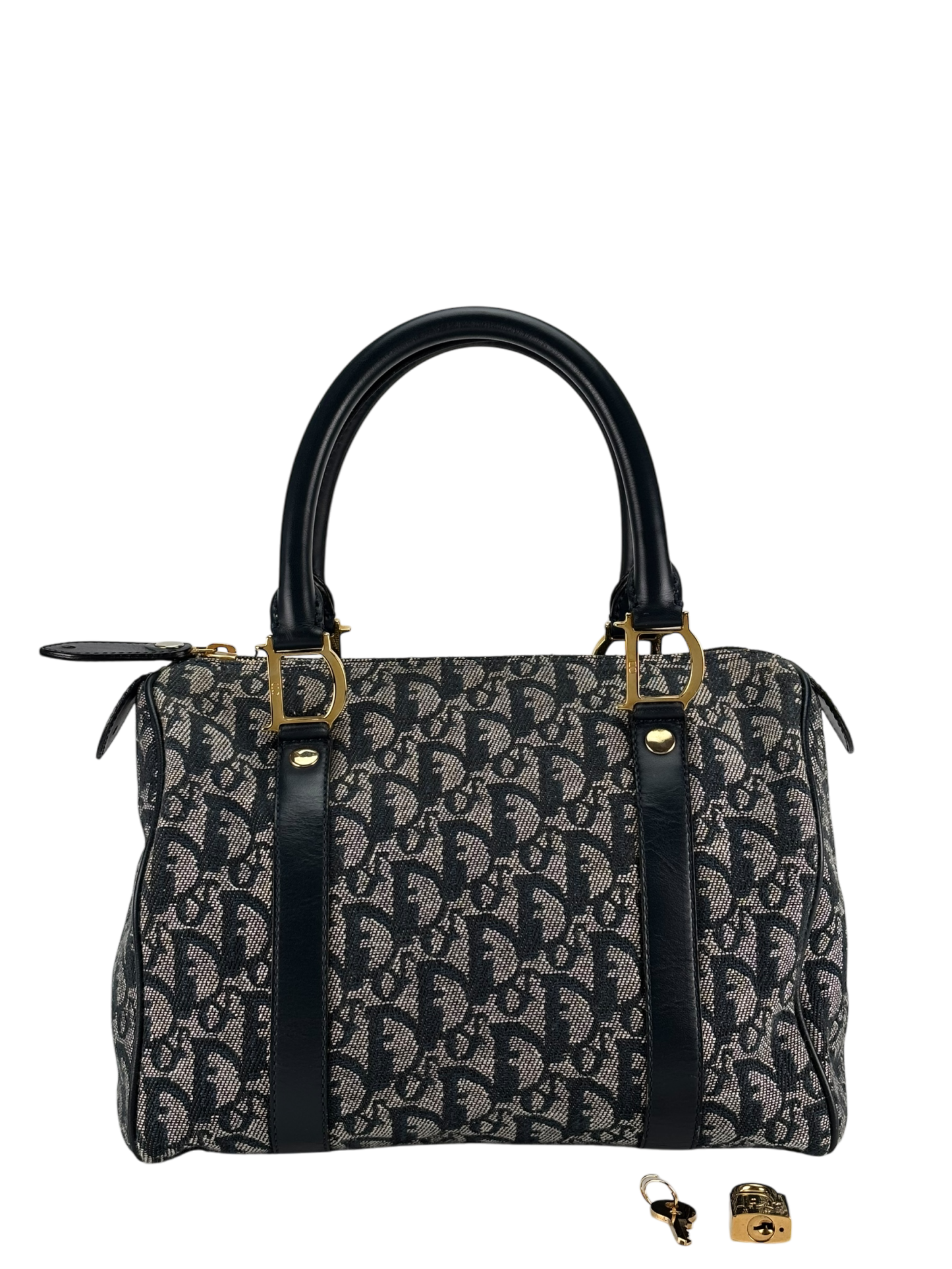 CHRISTIAN DIOR - Navy Canvas Leather Trotter Handbag Gold Hardware