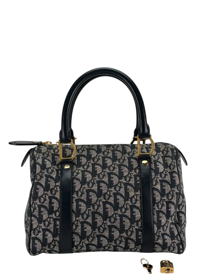 CHRISTIAN DIOR - Navy Canvas Leather Trotter Handbag Gold Hardware