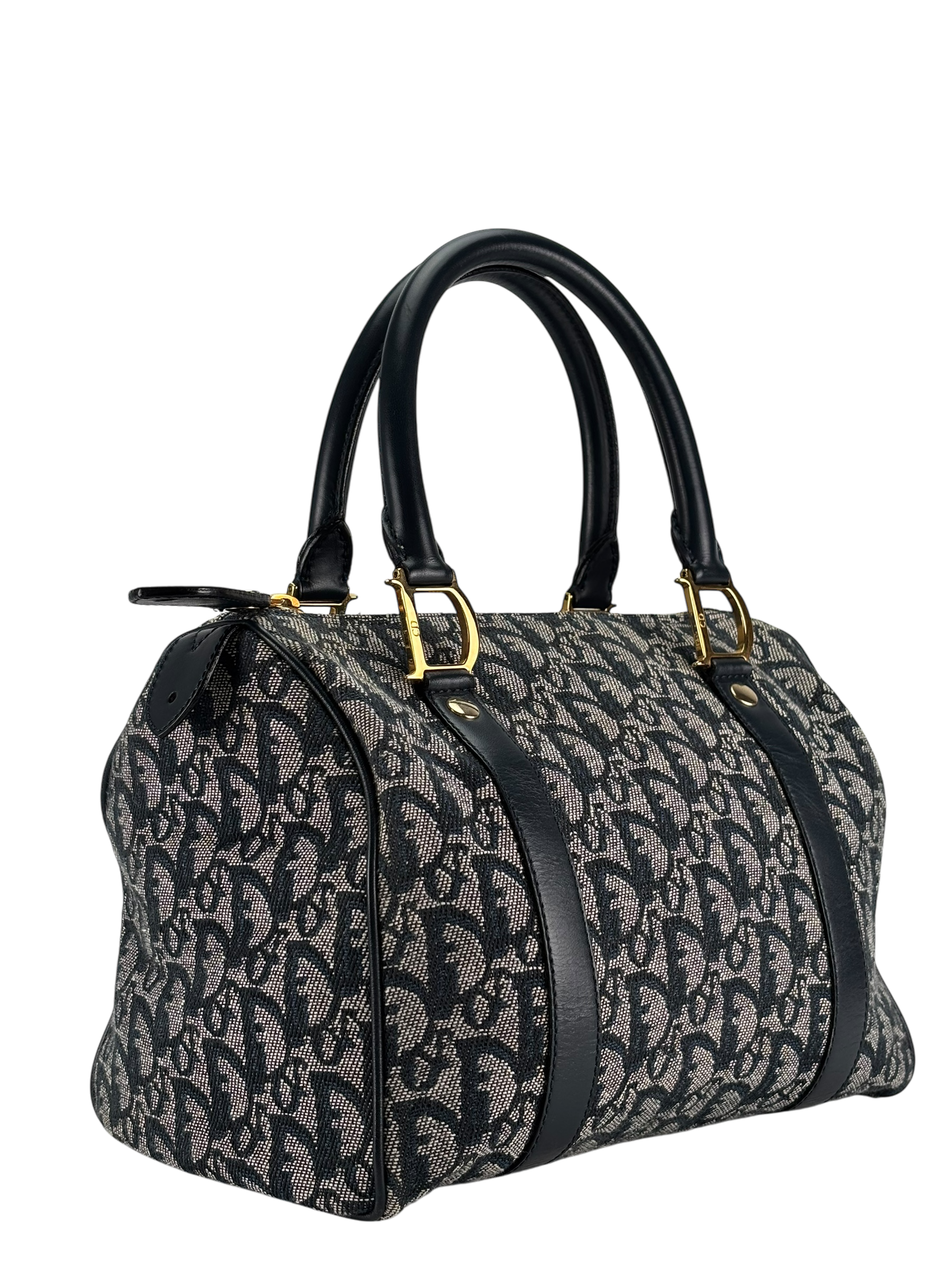 CHRISTIAN DIOR - Navy Canvas Leather Trotter Handbag Gold Hardware