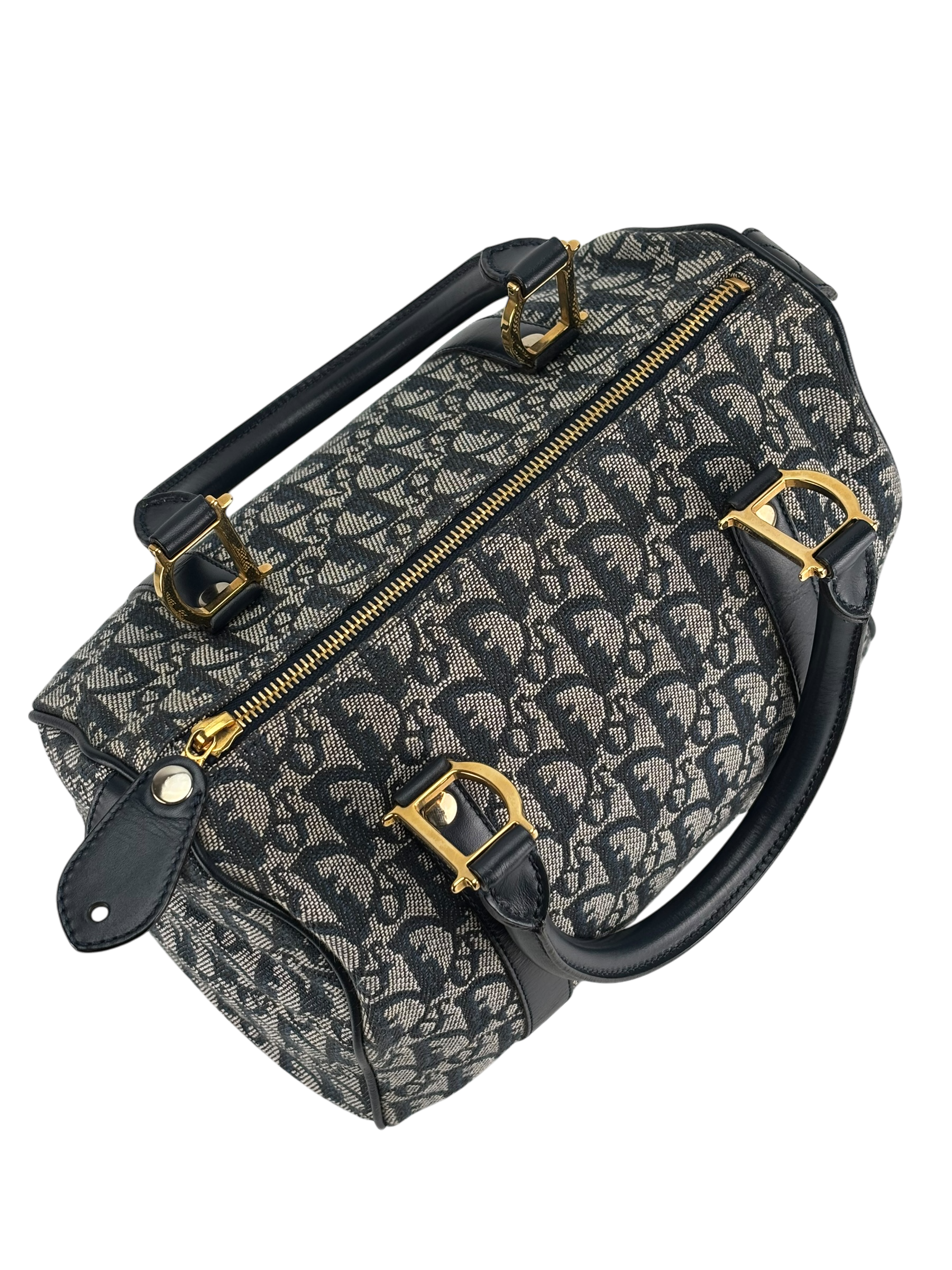 CHRISTIAN DIOR - Navy Canvas Leather Trotter Handbag Gold Hardware
