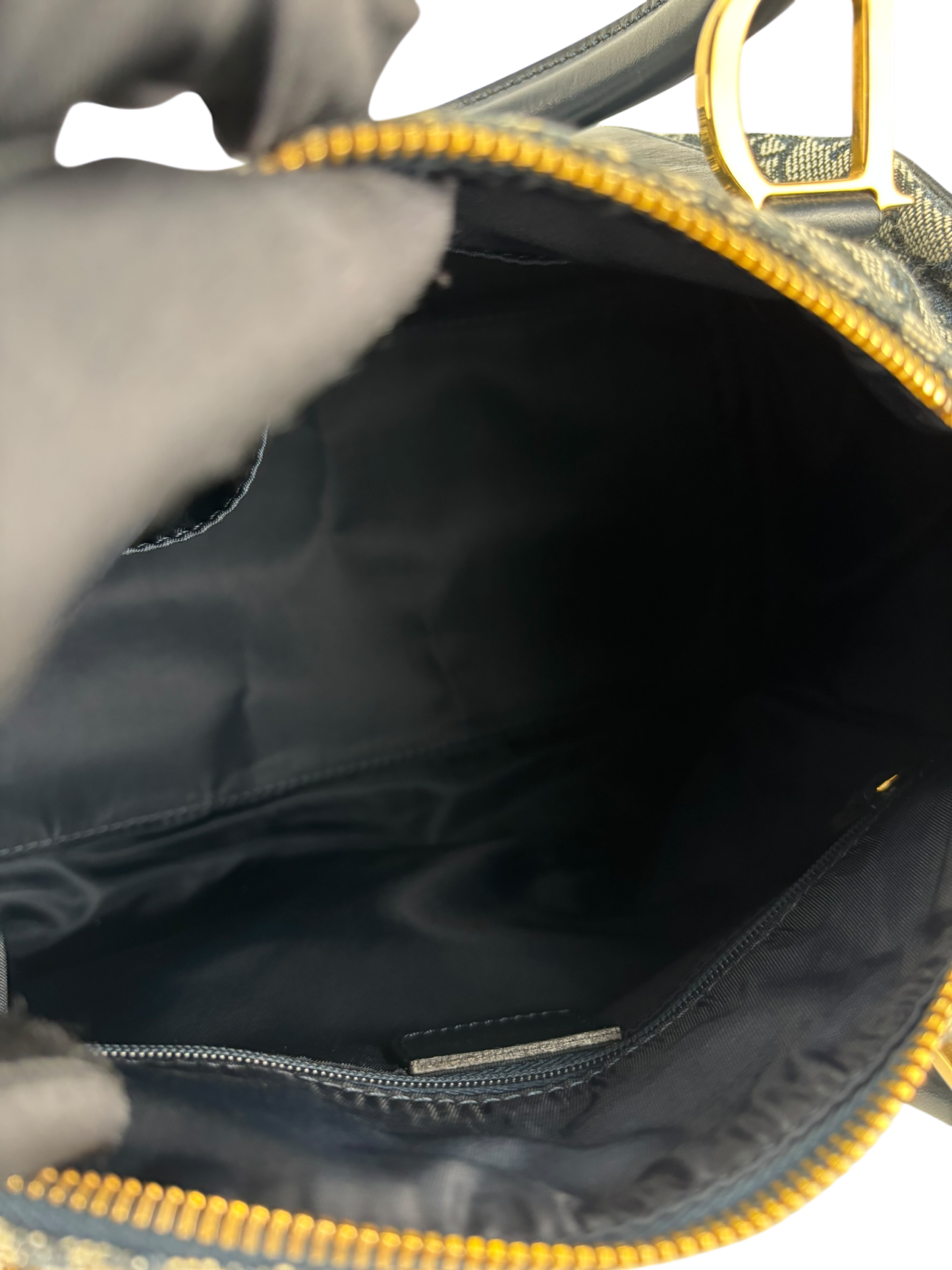 CHRISTIAN DIOR - Navy Canvas Leather Trotter Handbag Gold Hardware