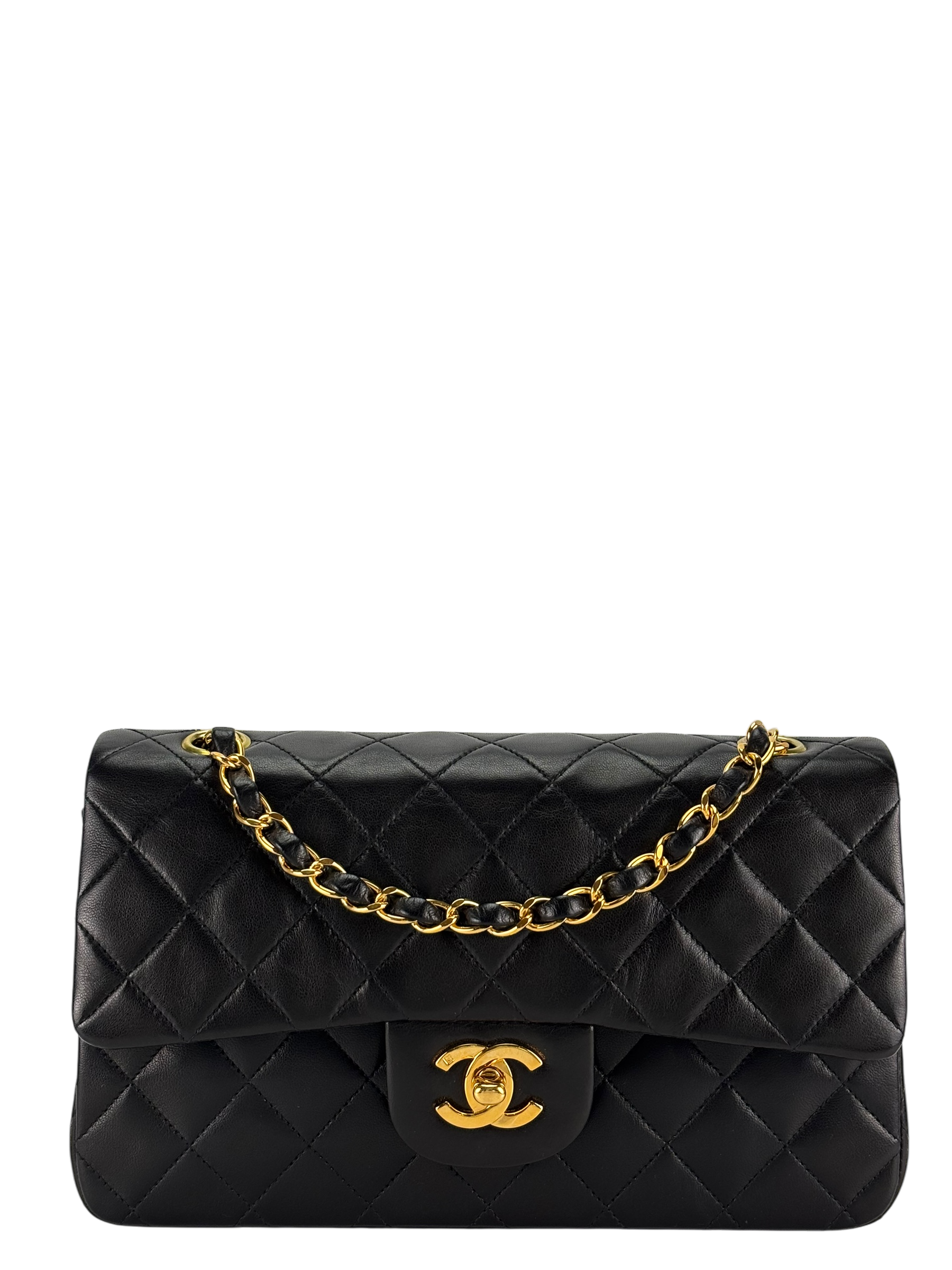 CHANEL - Small Classic Double Flap Bag Black Lambskin Gold Hardware (CF23)