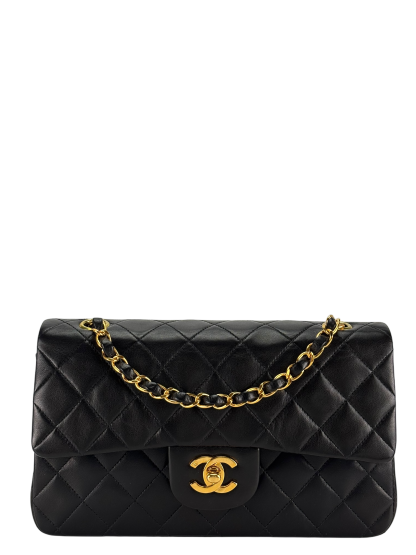 CHANEL - Small Classic Double Flap Bag Black Lambskin Gold Hardware (CF23)