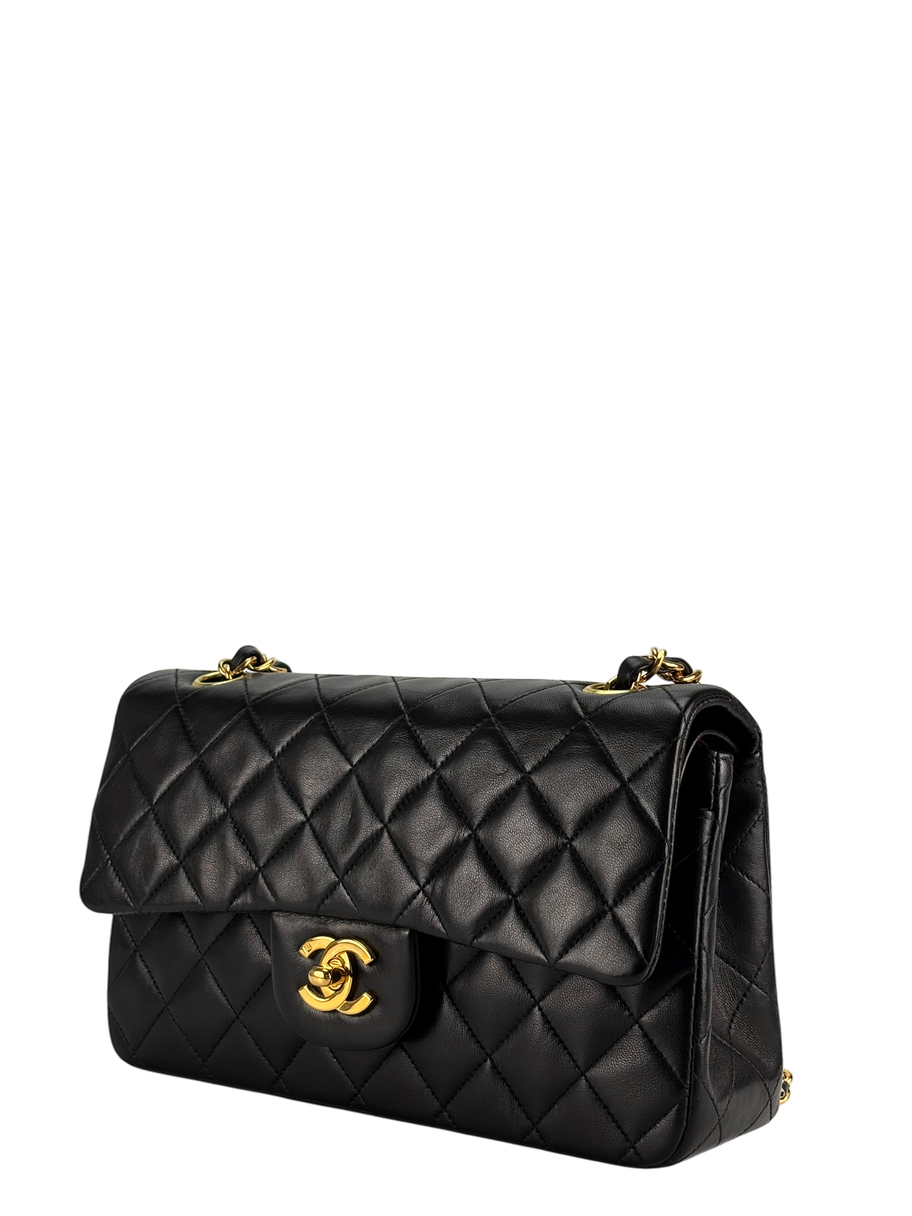 CHANEL - Small Classic Double Flap Bag Black Lambskin Gold Hardware (CF23)
