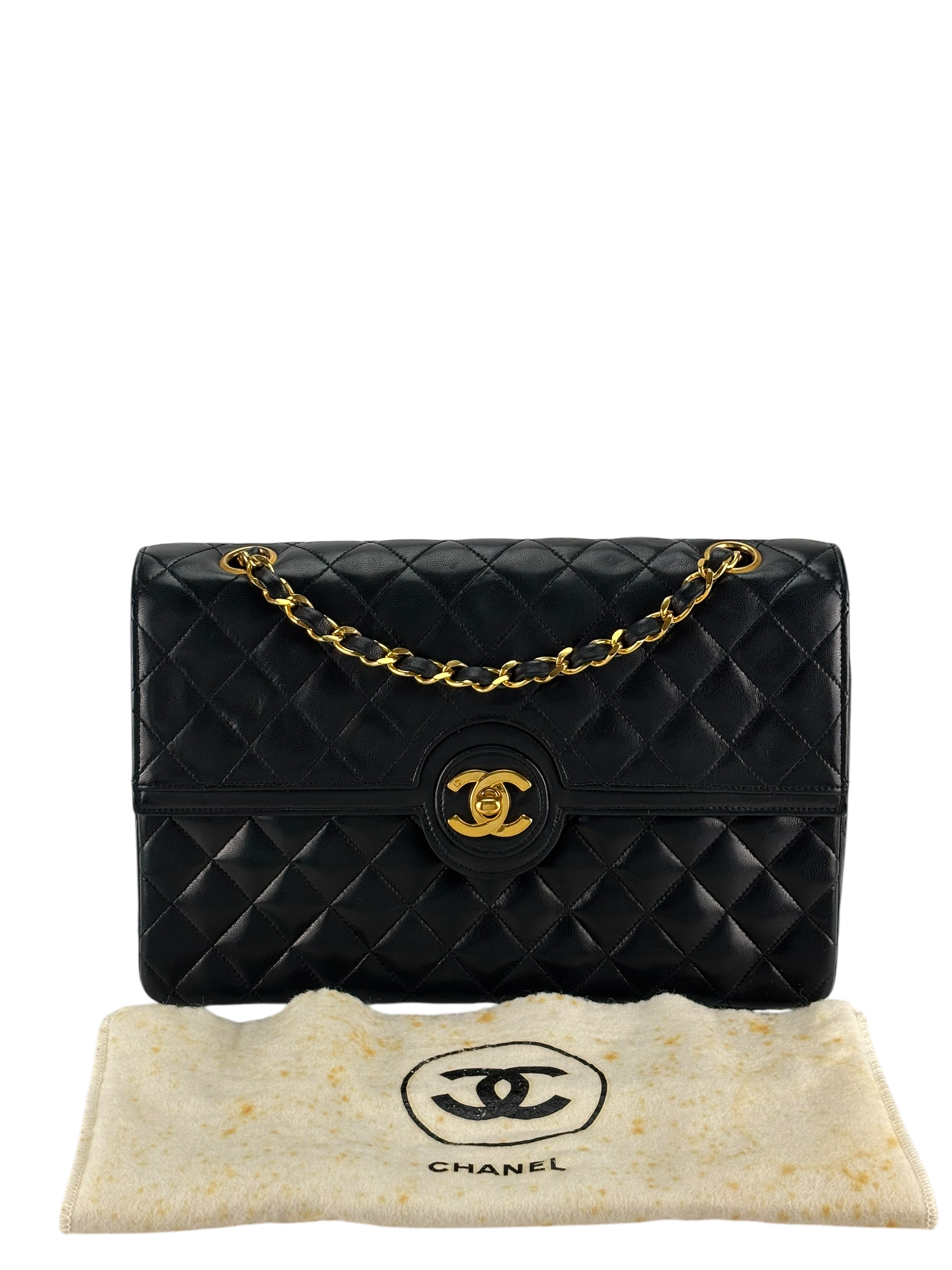 CHANEL - Medium Black Quilted Lambskin Circle Turn Lock Half Flap Chain Shoulder Bag