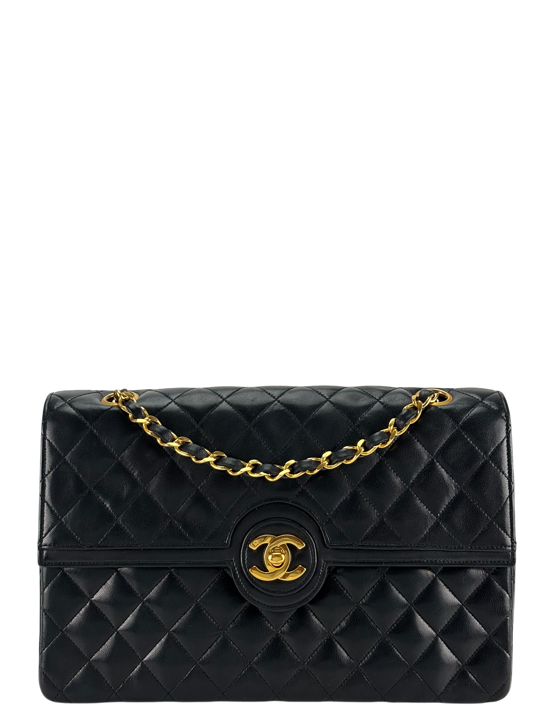 CHANEL - Medium Black Quilted Lambskin Circle Turn Lock Half Flap Chain Shoulder Bag