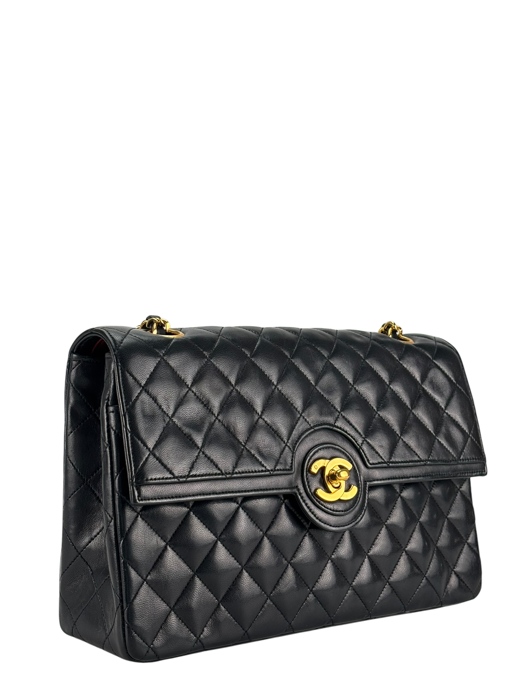 CHANEL - Medium Black Quilted Lambskin Circle Turn Lock Half Flap Chain Shoulder Bag