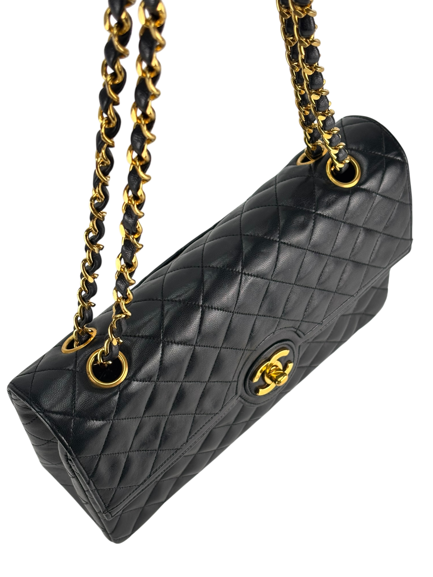 CHANEL - Medium Black Quilted Lambskin Circle Turn Lock Half Flap Chain Shoulder Bag