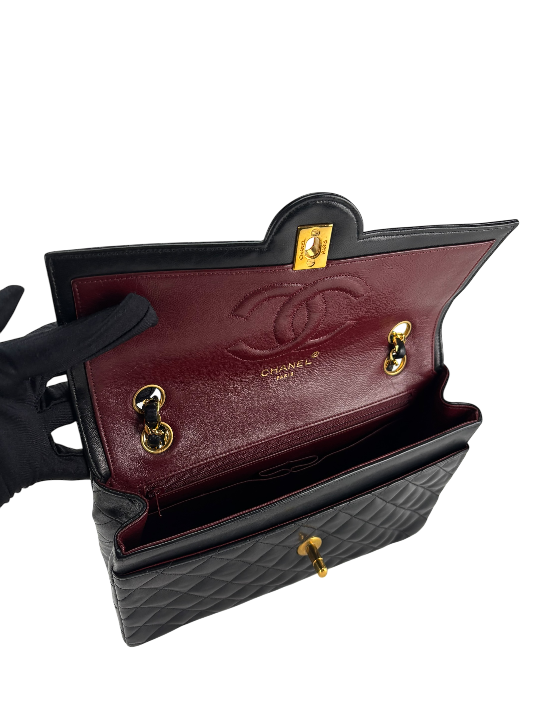 CHANEL - Medium Black Quilted Lambskin Circle Turn Lock Half Flap Chain Shoulder Bag