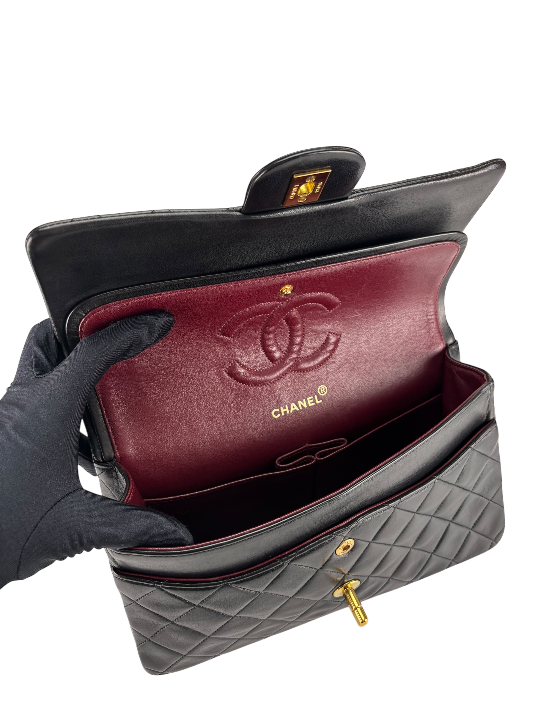 CHANEL - Medium Classic Double Flap Bag Black Lambskin Gold Hardware (CF25)