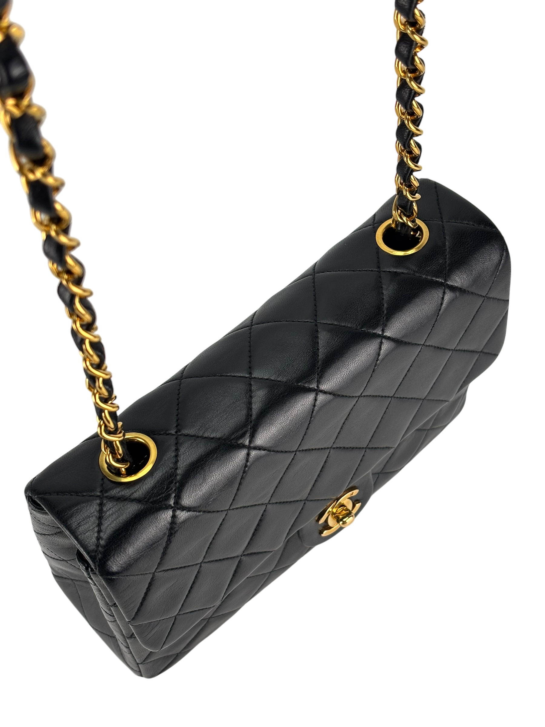 CHANEL - Black Lambskin Mini Classic Square Flap Shoulder Bag 20