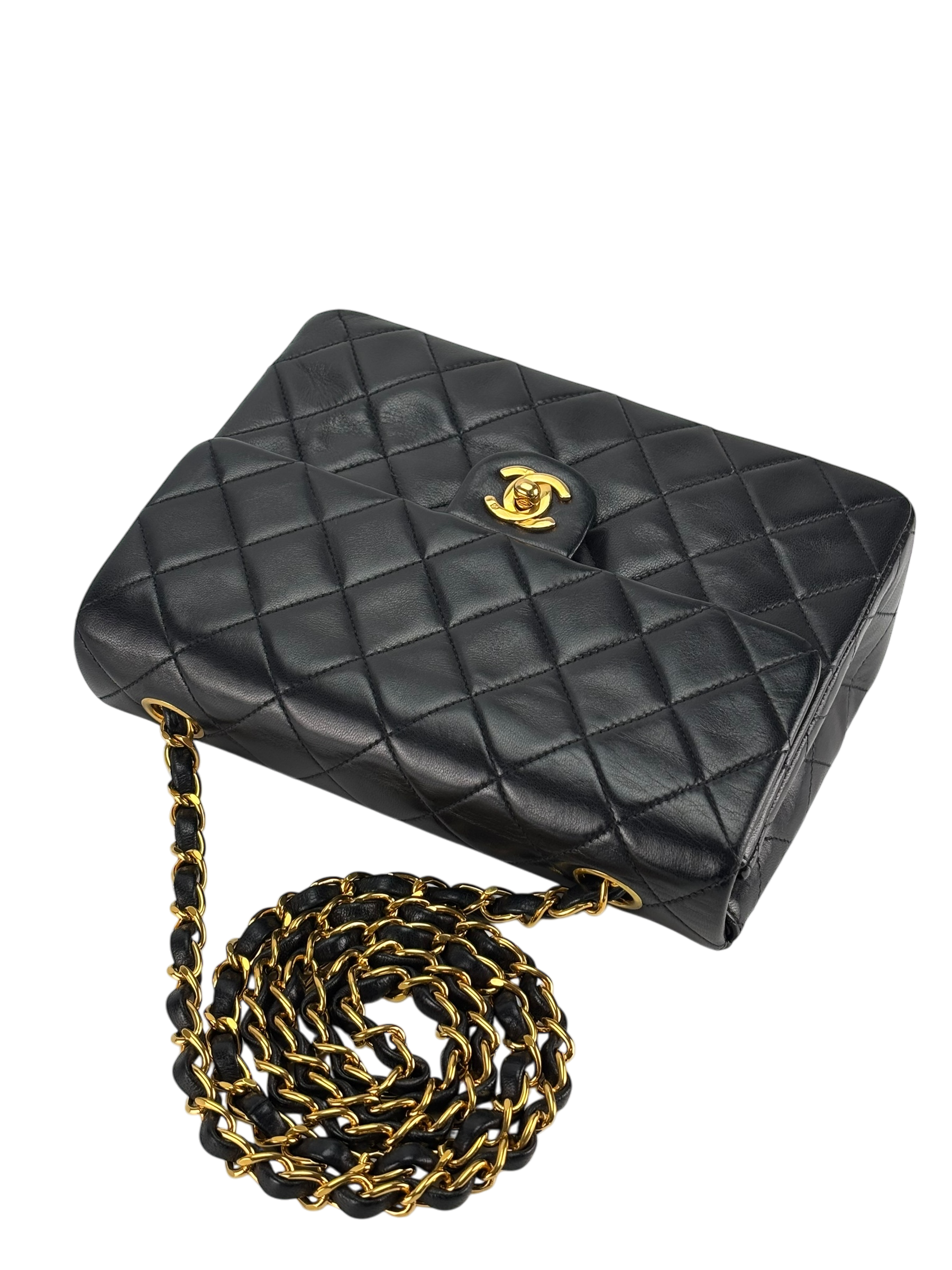 CHANEL - Black Lambskin Mini Classic Square Flap Shoulder Bag 20