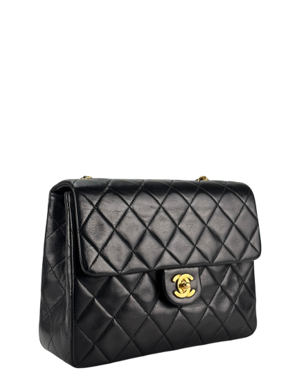 CHANEL - Black Lambskin Mini Classic Square Flap Shoulder Bag 20
