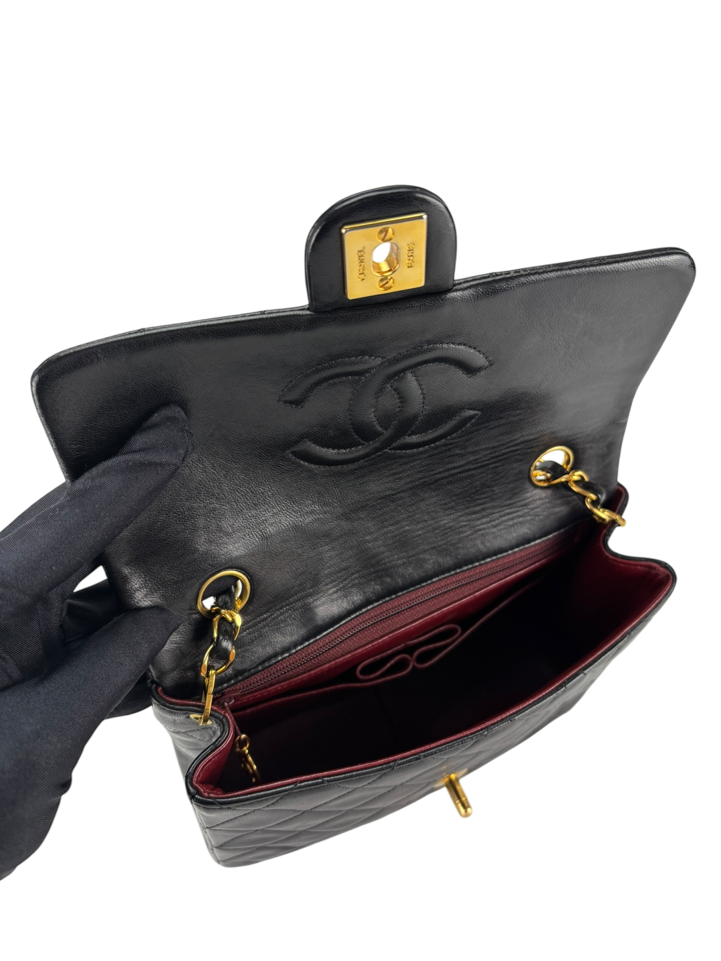 CHANEL - Black Lambskin Mini Classic Square Flap Shoulder Bag 20