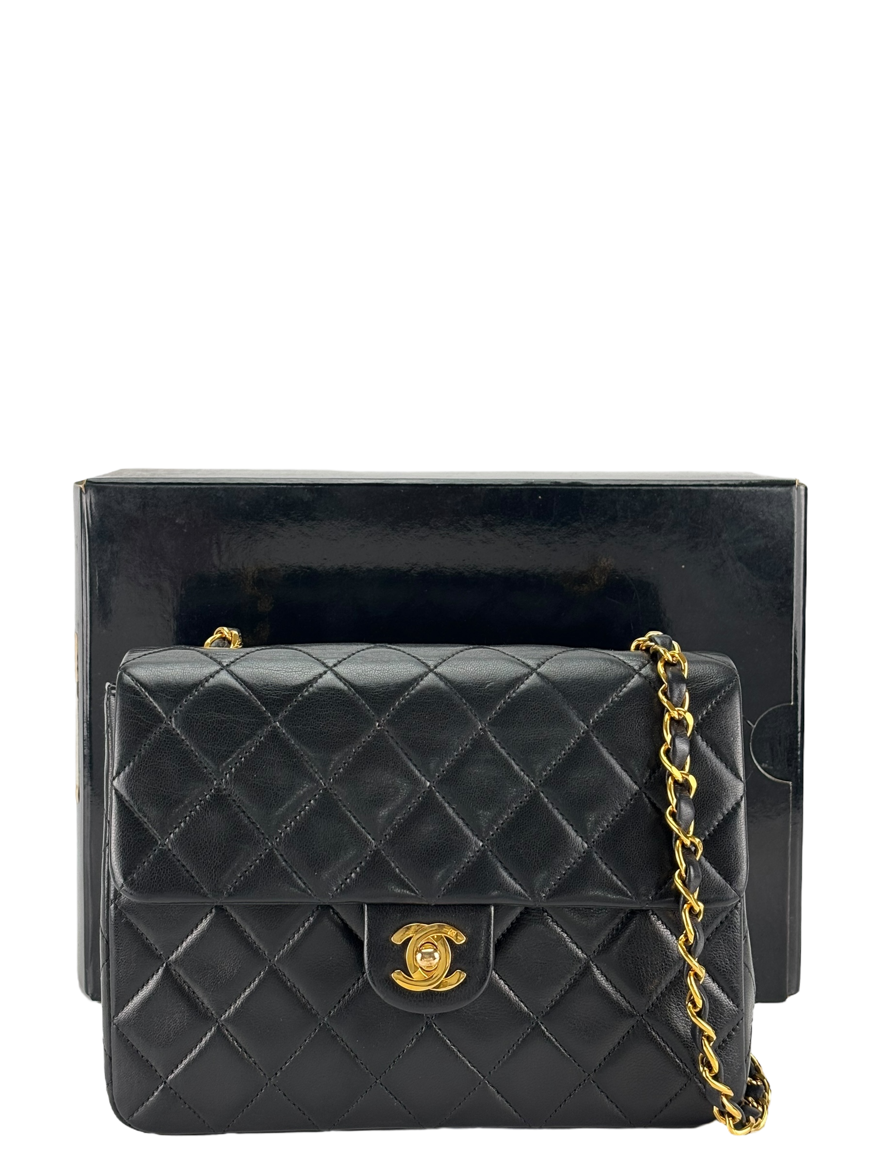 CHANEL - Black Lambskin Mini Classic Square Flap Shoulder Bag 20