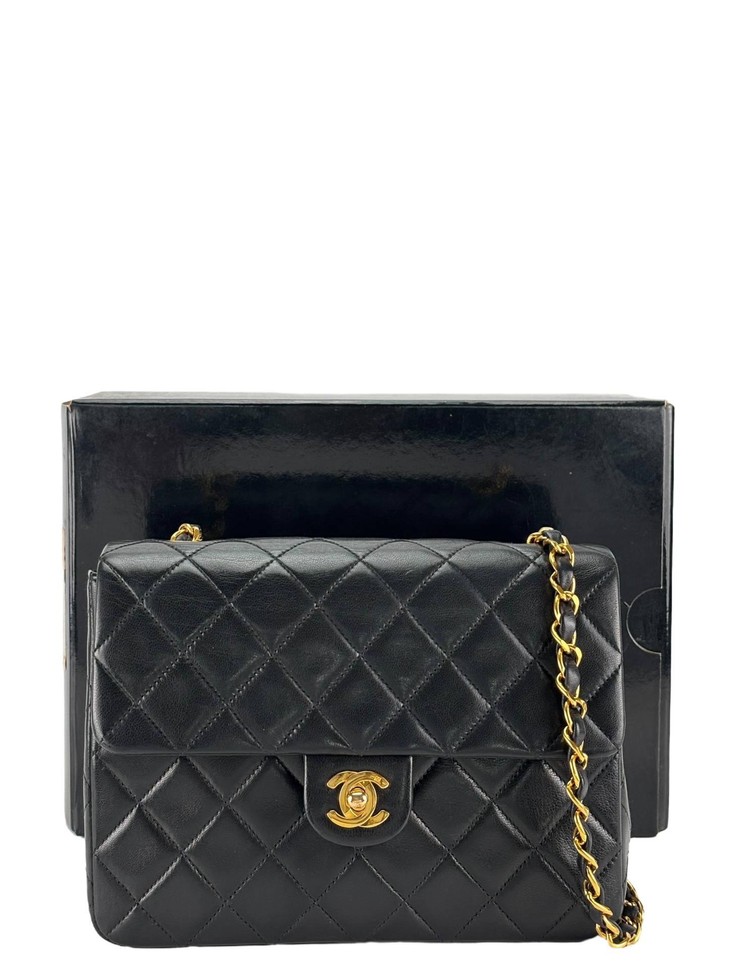CHANEL - Black Lambskin Mini Classic Square Flap Shoulder Bag 20