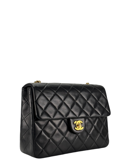 CHANEL - Black Lambskin Mini Classic Square Flap Shoulder Bag 20