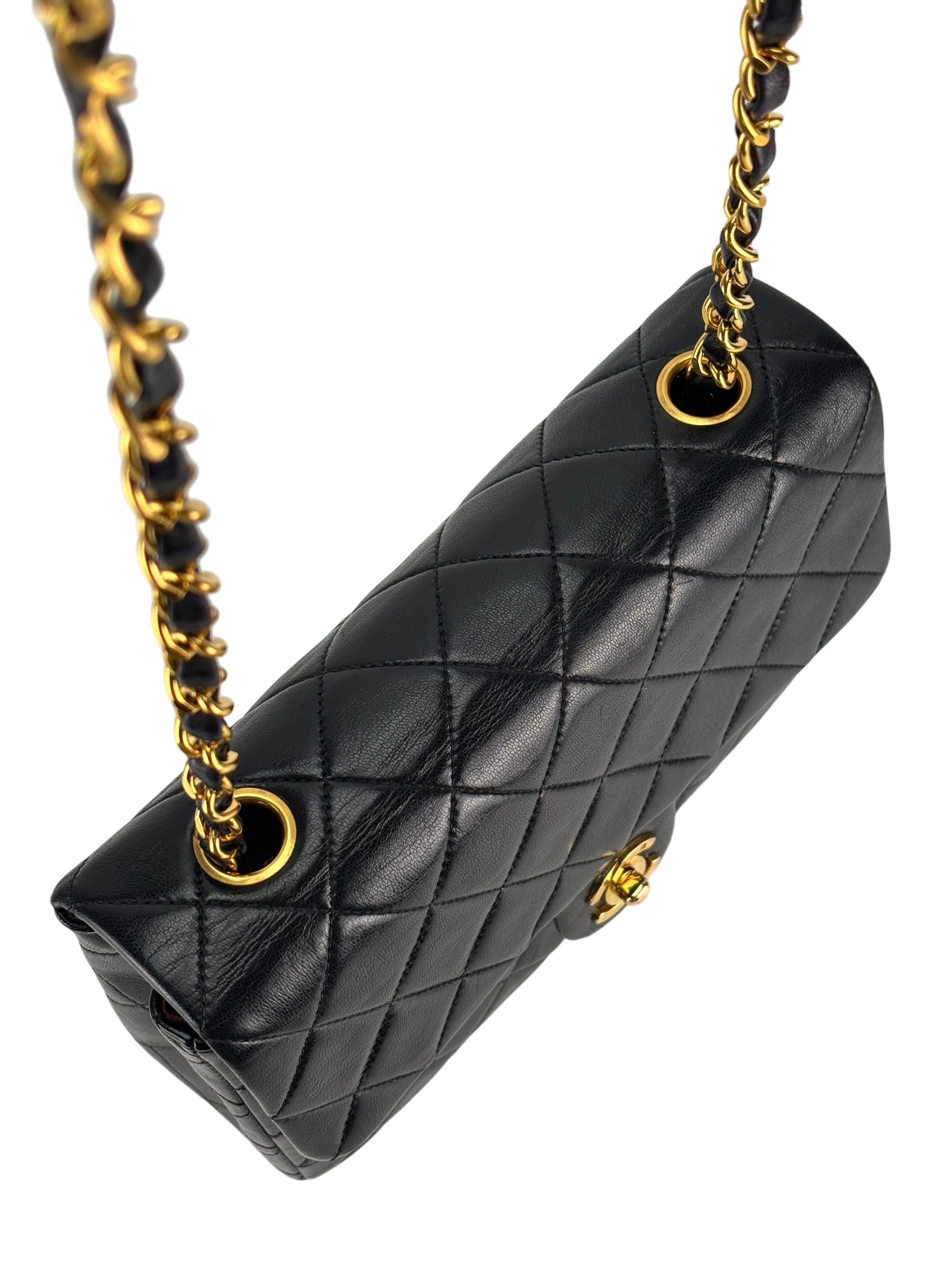 CHANEL - Black Lambskin Mini Classic Square Flap Shoulder Bag 20