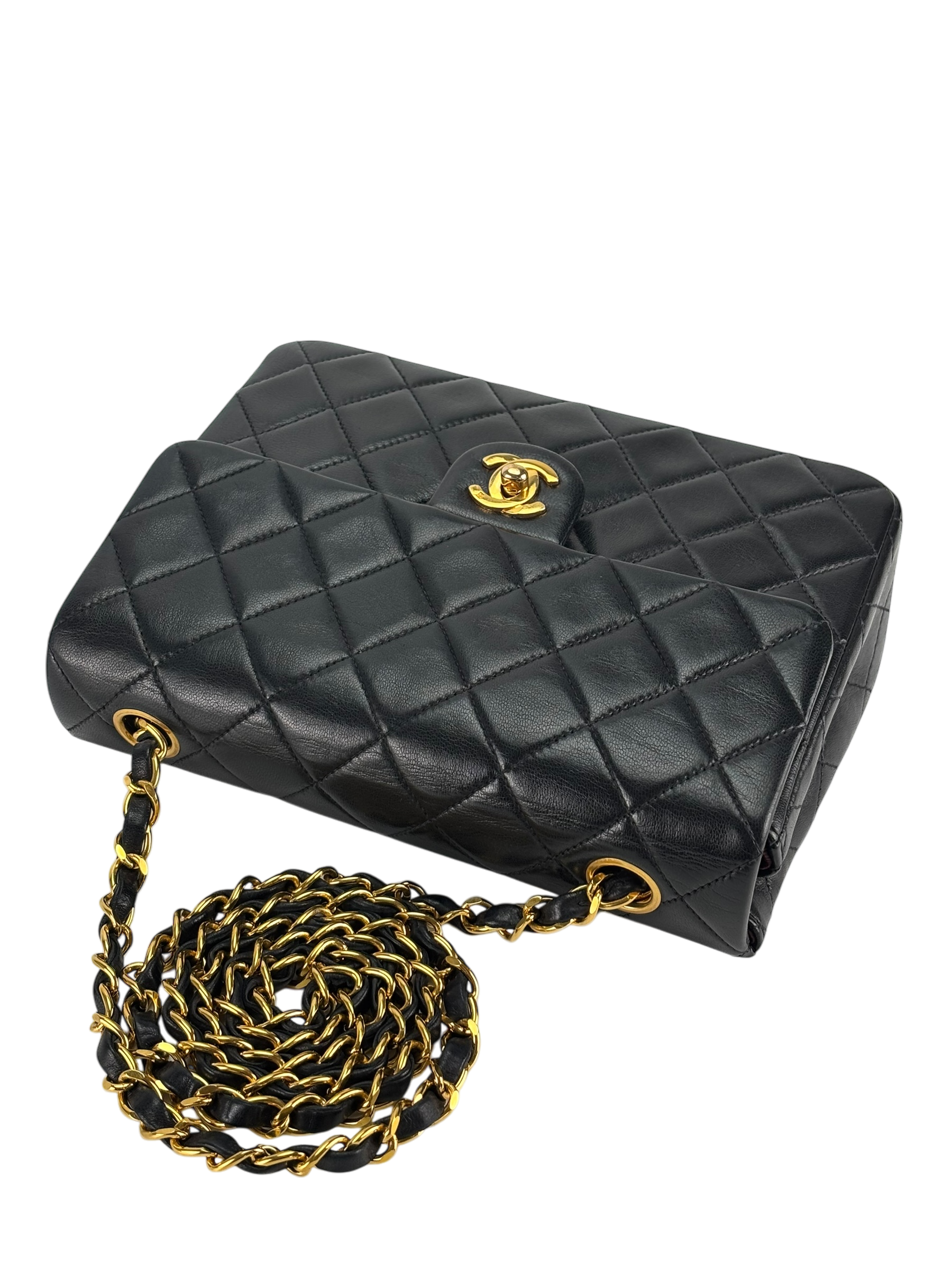 CHANEL - Black Lambskin Mini Classic Square Flap Shoulder Bag 20